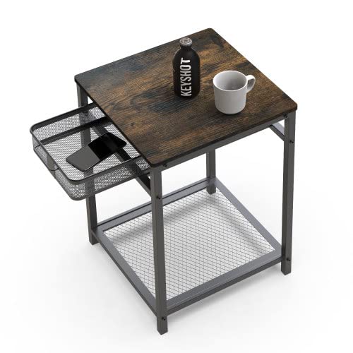 Rustic Brown End Table with Grid Storage Drawer - Nightstand & Sofa Side Table for Living Room & Bedroom | Perfect for Small Spaces, Apartment Decor & Coffee Table Alternative