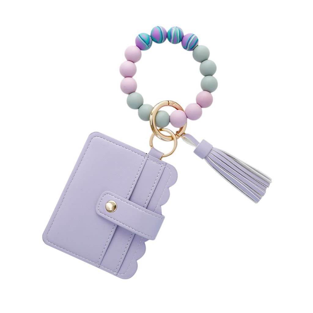 YFQHDD Women's Wristlet Keychain Bracelet - Silicone Tassel Beaded Bangle with Credit Card Holder & Key Ring - Fashion Wallet Accessory for Everyday Use (Color B, One Size) - Perfect for Keys, Cards & On-the-Go Style