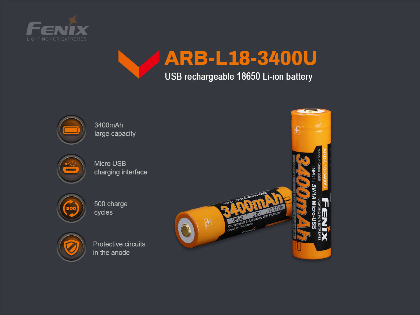 Fenix ARB L18 3400mAh Rechargeable 18650 Battery with Micro USB - High Capacity Lithium Ion Battery for Flashlights, Headlamps & Outdoor Gear