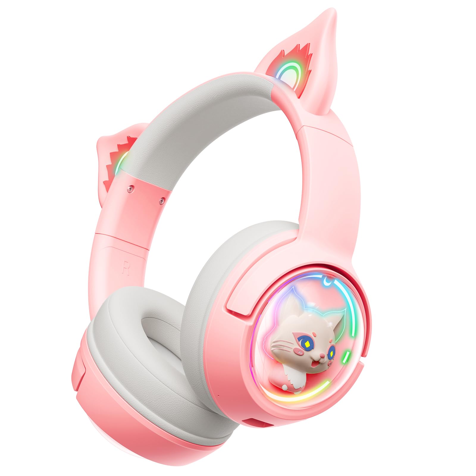 Wireless Bluetooth Cat Ear Headphones with Mic - RGB LED Light, Wired & Wireless Modes for Girls & Women - Compatible with iPhone, Android, Gaming, School, Work (Pink) - Perfect for Gaming, Online Classes, Music & Streaming