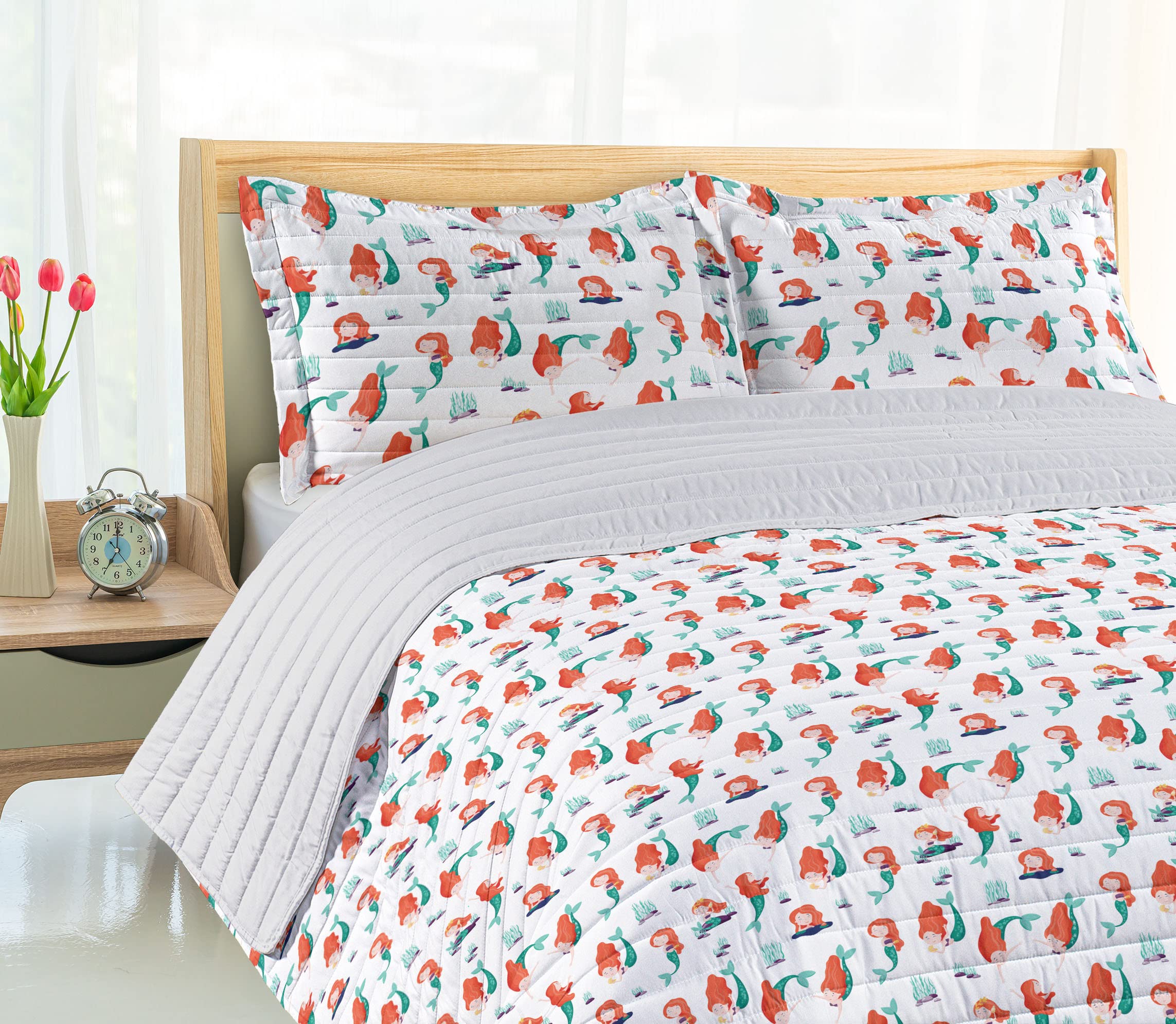 Ambesonne King Size Mermaid Bedspread Set - Soft Microfiber Ocean Creature Girls Cartoon Design with Pillow Shams & Comforter in Burnt Sienna Seafoam | Perfect for Kids' Bedrooms, Beach Themed Decor, and Fantasy Room Makeovers