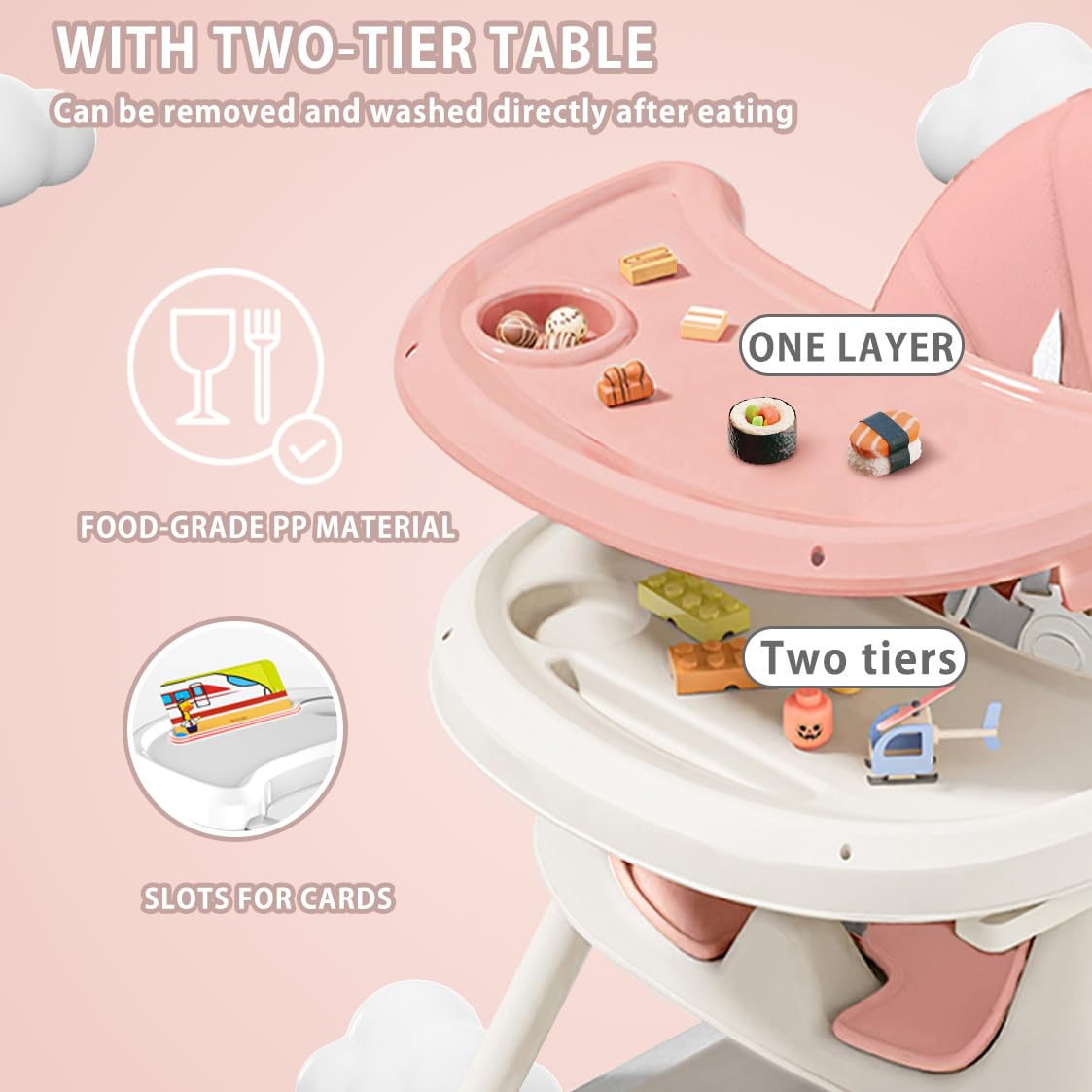 UBRAVOO 3-in-1 Foldable Baby High Chair - Convertible Portable Dining Chair with 5-Point Safety Harness, Double-Layer Tray & Toy Rack for Infants & Toddlers (Pink) - Perfect for Home, Restaurant & Travel Use
