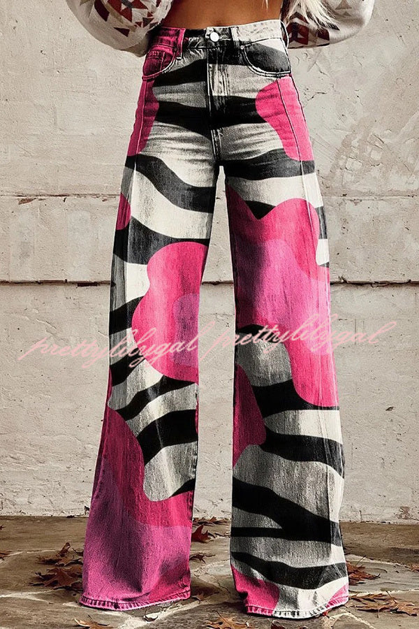 Stylish Wide Leg Pants with Unique Print & Button Pockets - Perfect for Casual Outings, Workwear & Boho Fashion