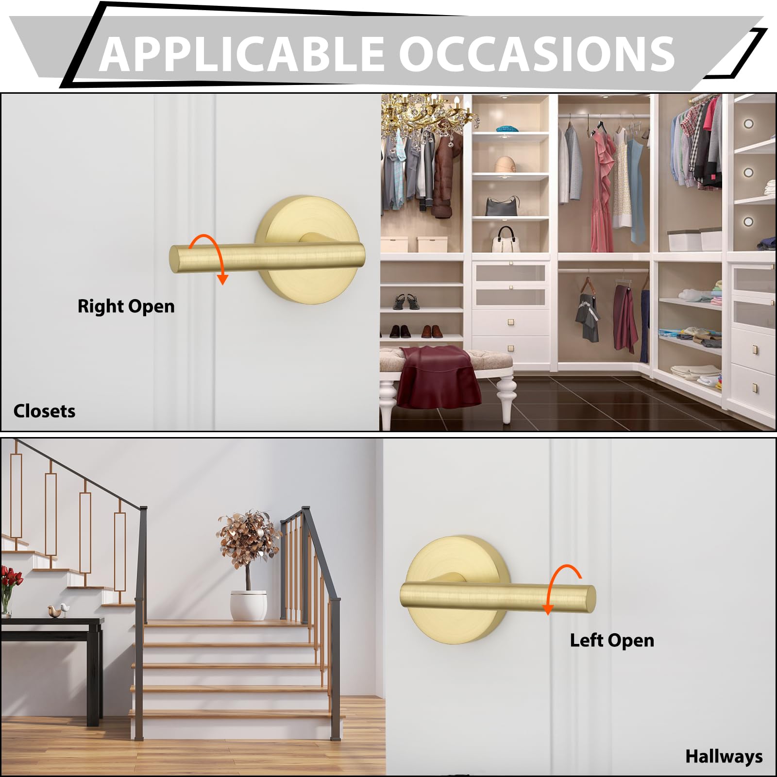 Haidms 5-Pack Gold Passage Door Lever Handles - Heavy Duty Closet & Hall Door Handles with Lock (Left/Right Handed) - Perfect for Bedroom, Bathroom & Interior Doors