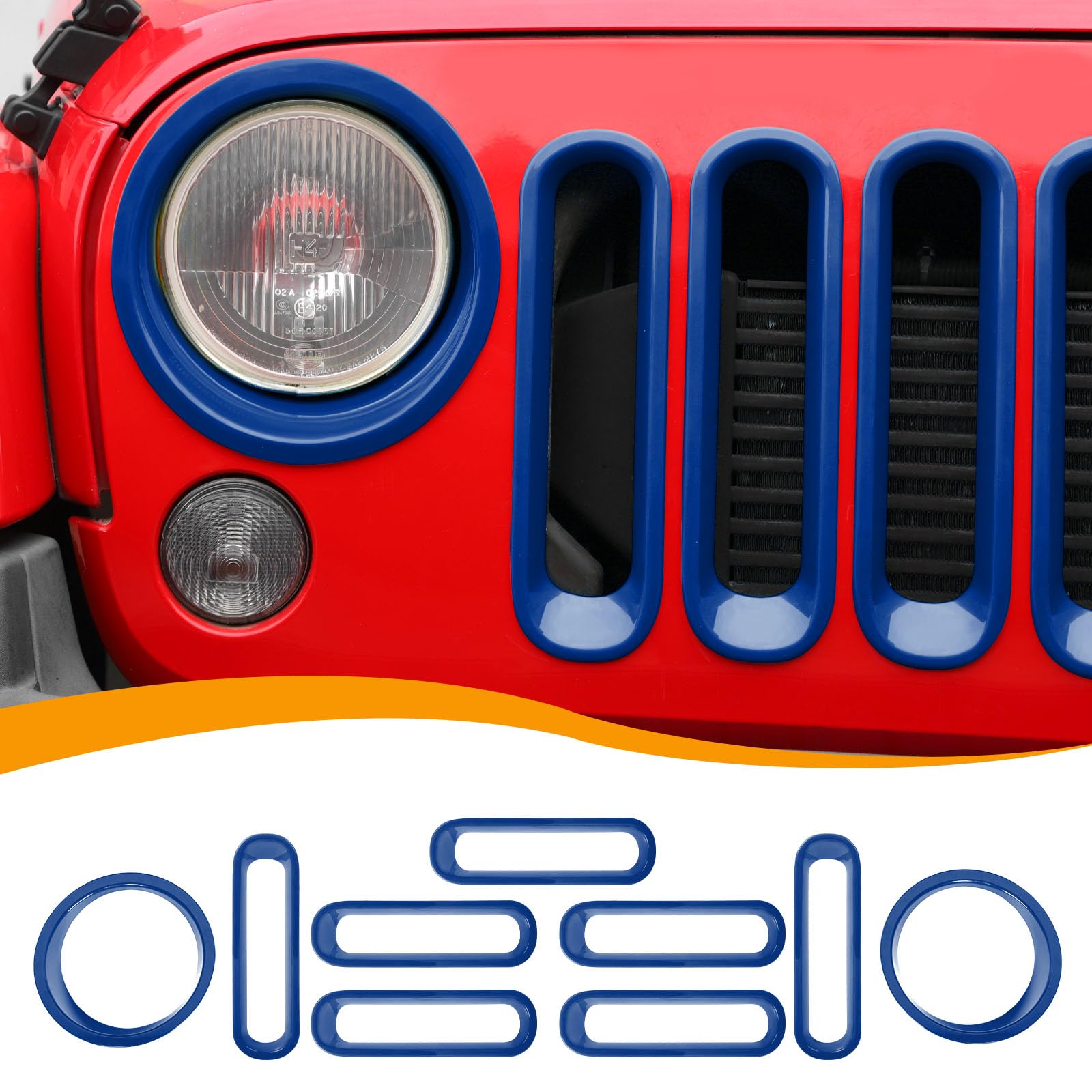 Hoolcar Front Grille Insert Cover & Headlight Bezel Cover Trim for Jeep Wrangler JK JKU 2007-2017 - Blue Exterior Accessories - Perfect for Off-Roading & Custom Car Styling