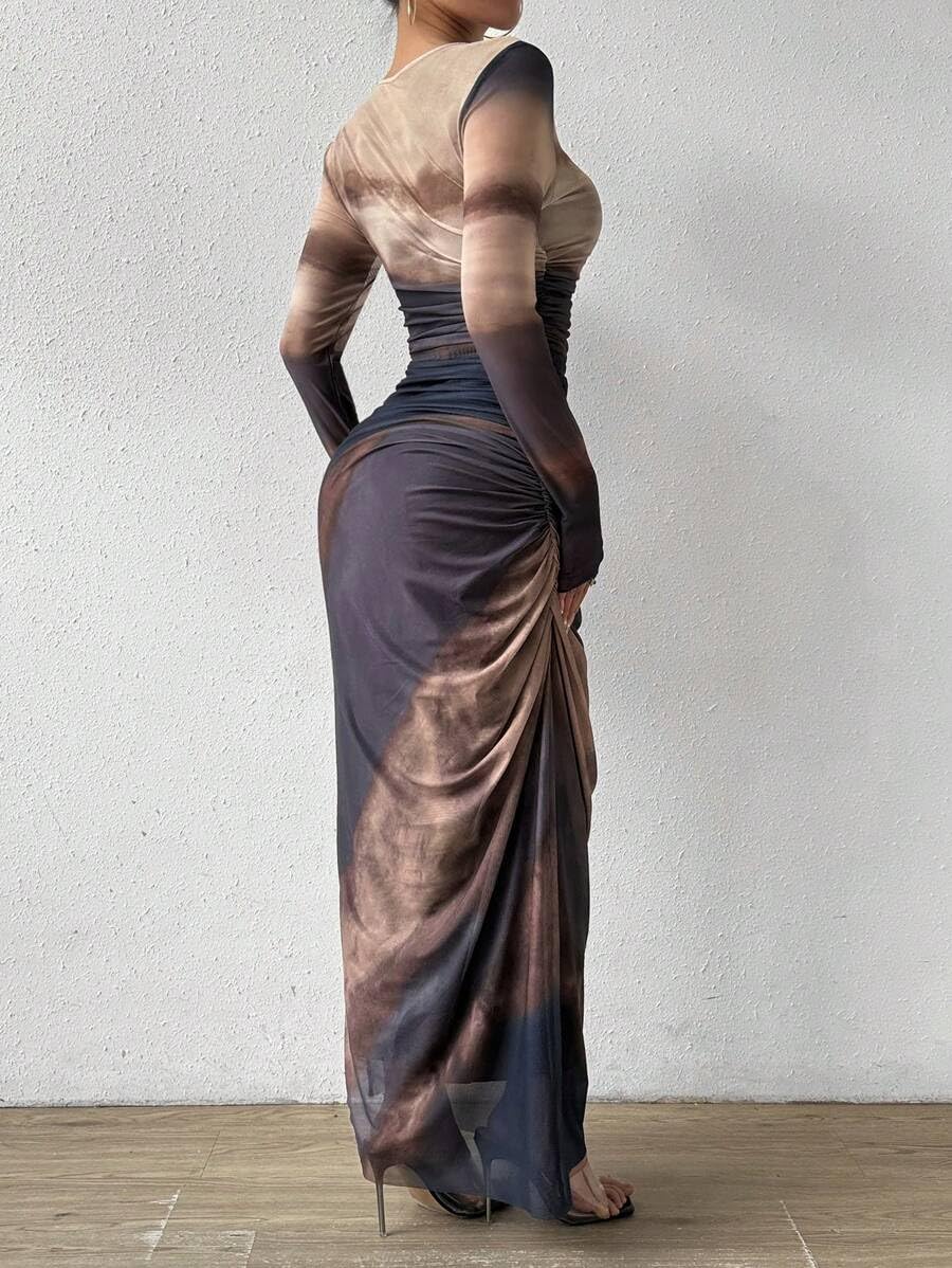 Women's Printed Bodycon Dress Long Sleeve Tie Dye Sexy Maxi Dress with Mesh Layering - Perfect for Parties, Date Nights & Club Wear