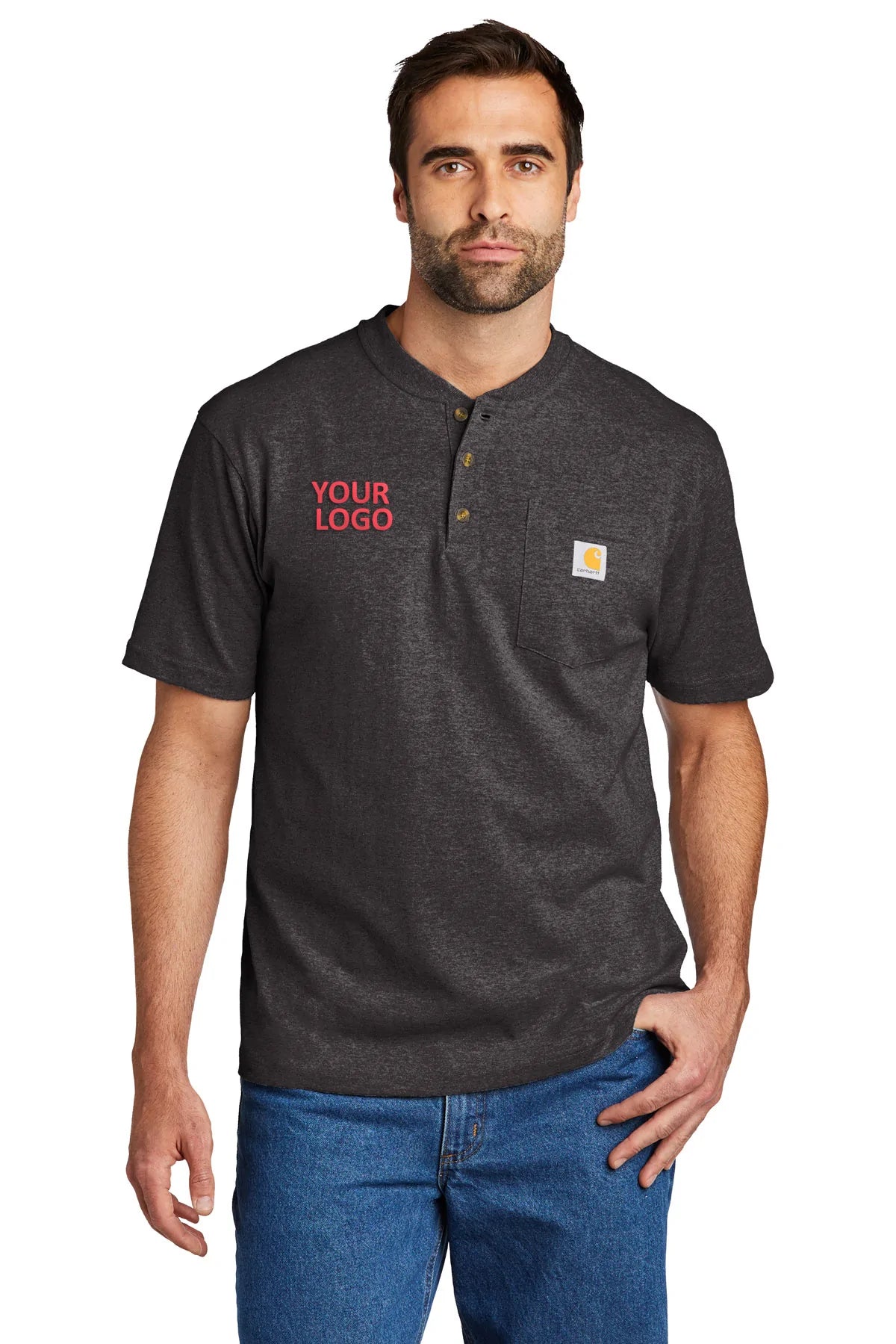 Carhartt Henley Short Sleeve Custom T-Shirts for Men - Carbon Heather Workwear Shirt for Casual & Outdoor Activities
