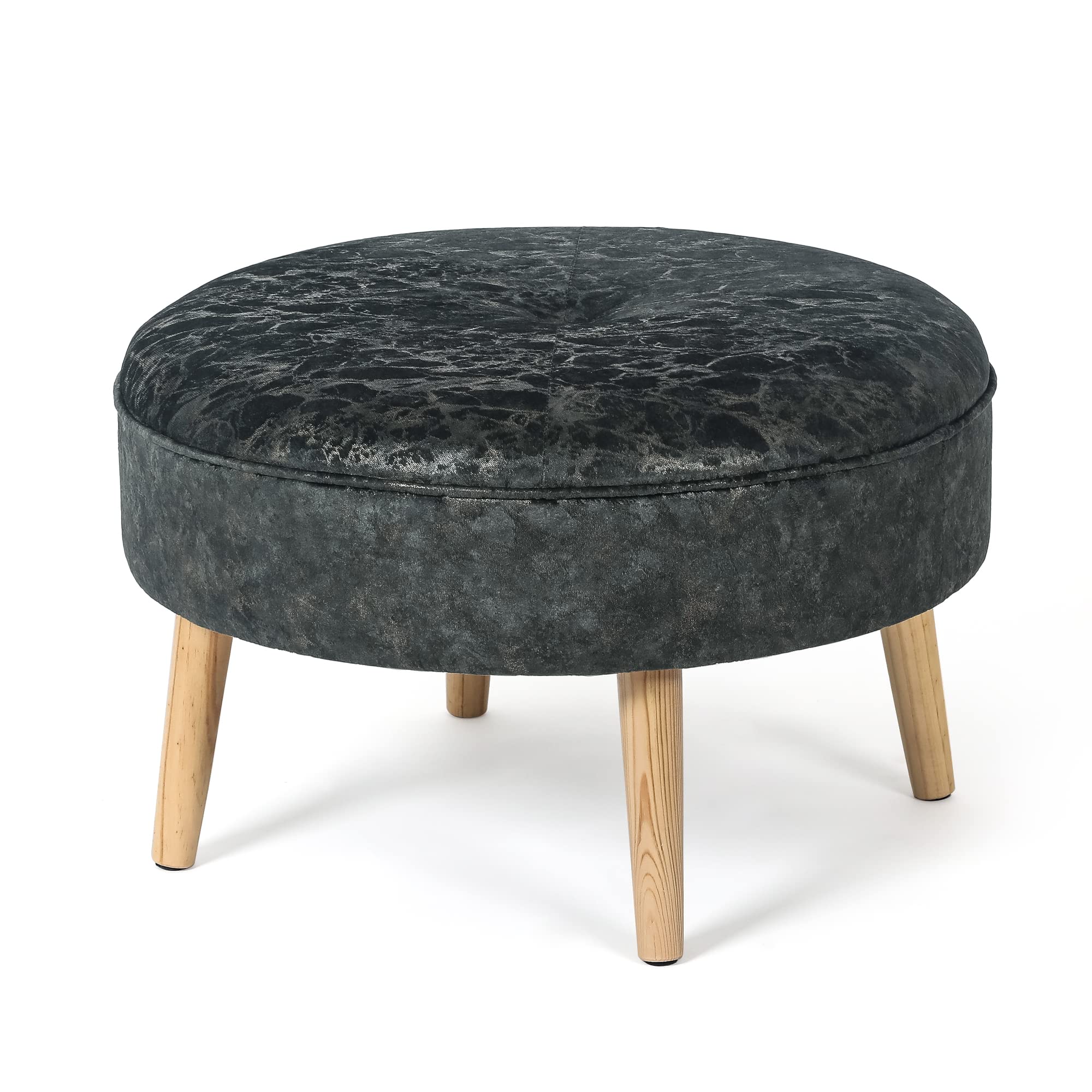 Adeco Round Small Velvet Ottoman - Button Tufted Footrest Stool with Wood Legs, Padded Seat for Living Room, Bedroom & Office - Modern Coffee Table Companion & Pet Step Stool (Grey-Gold) | Perfect for Relaxing, Reading & Home Decor
