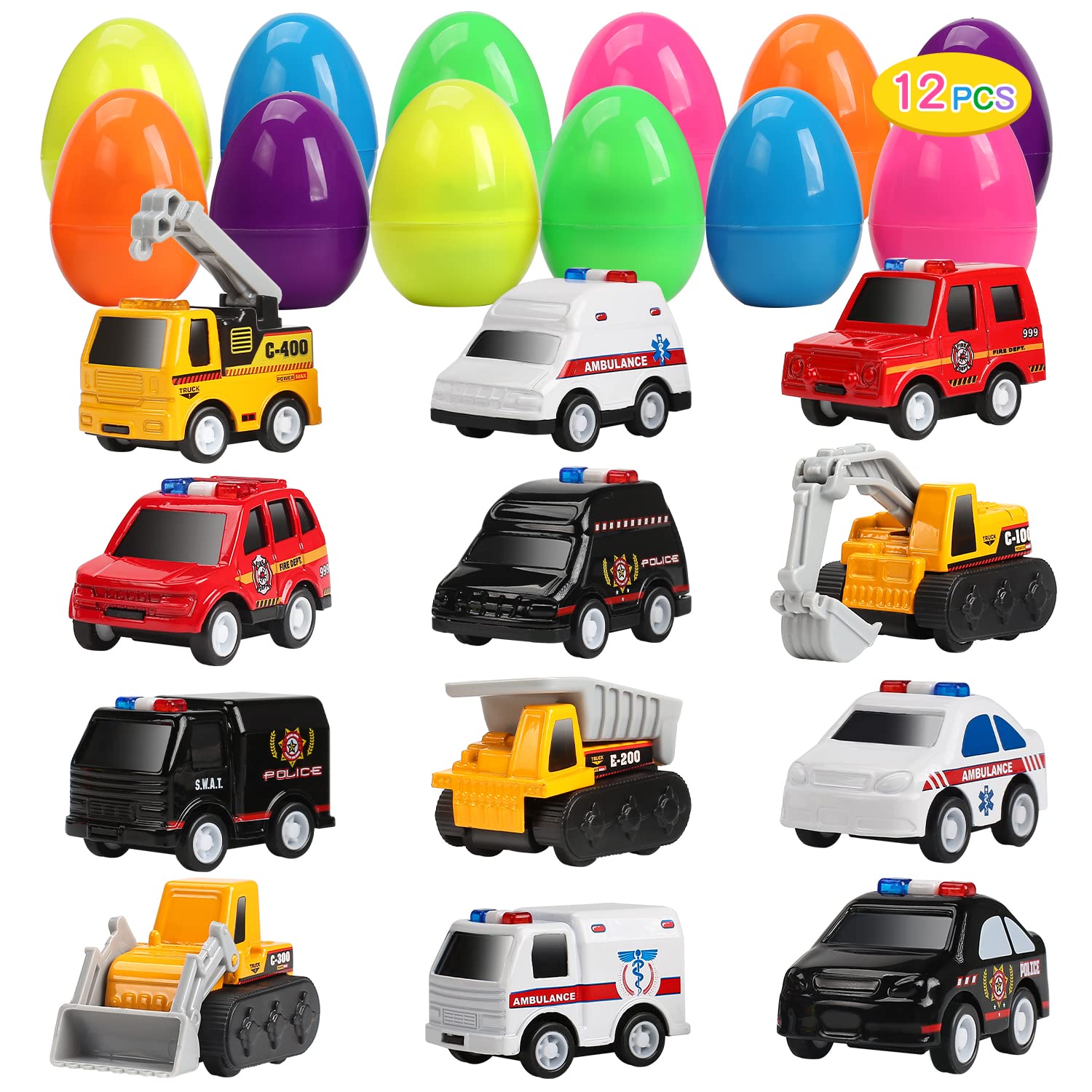12 Pack Filled Easter Eggs with Alloy Pull Back Cars - Easter Basket Stuffers & Party Favors for Kids - Fun Easter Egg Hunt Toys & Gift Ideas for Boys Girls Toddlers
