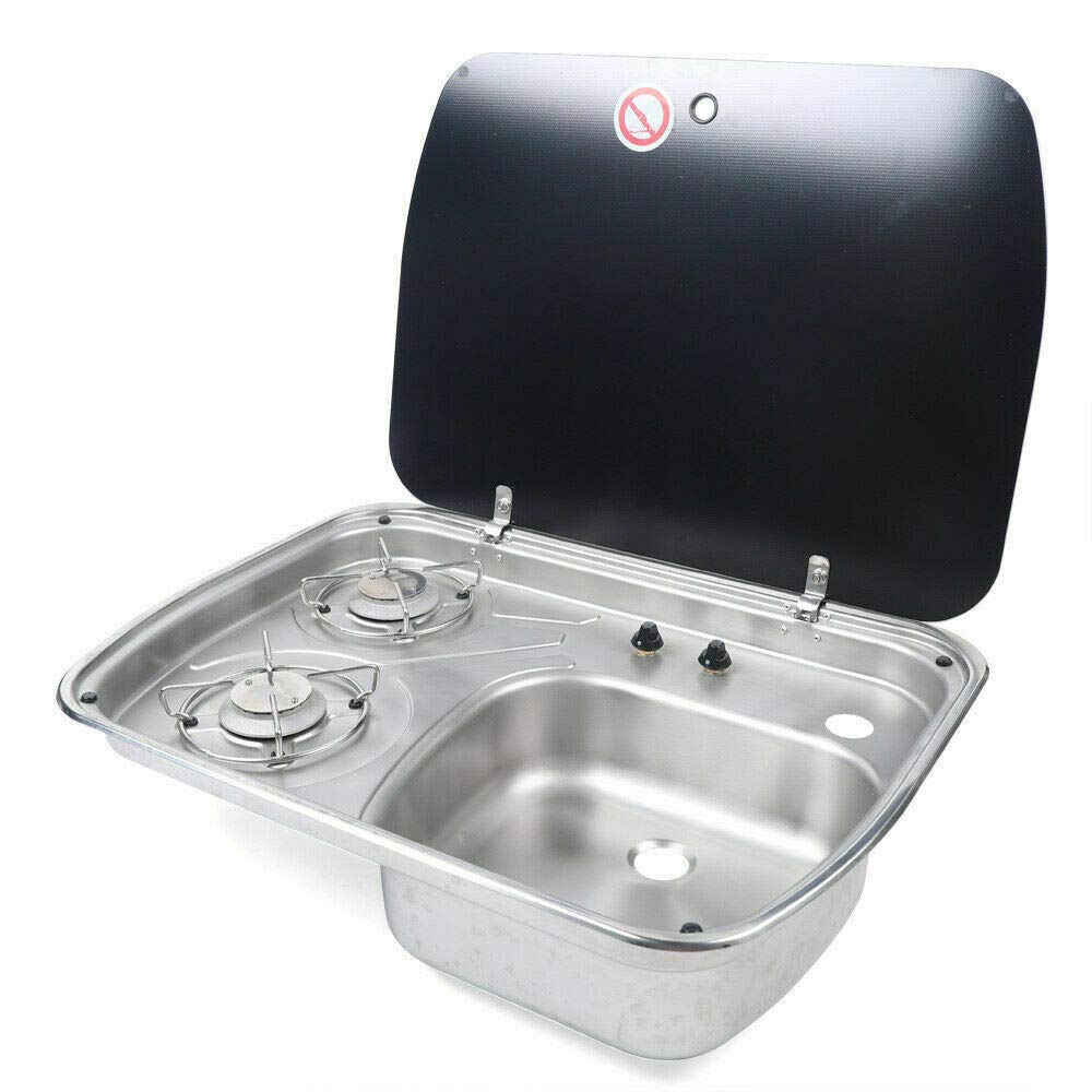 Portable 2 Burner Gas Stove with Sink Combo for RV, Camper, Boat - LPG Powered with Glass Lid (GR-588, Faucet Not Included) - Perfect for Outdoor Cooking & Camping Trips