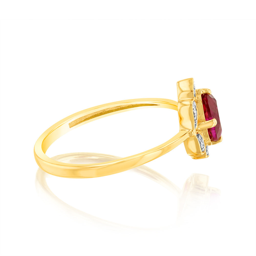 0.50 Carat Lab-Created Ruby and Diamond Oval Ring in 9K Yellow Gold | Elegant Engagement, Anniversary, or Gift Jewelry for Women