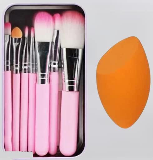Hello Kitty 7-Piece Makeup Brush Set with Sponge Blender - Soft Bristles for Foundation, Eyeshadow & Contouring - Perfect for Professional & Home Makeup (Pack of 8)