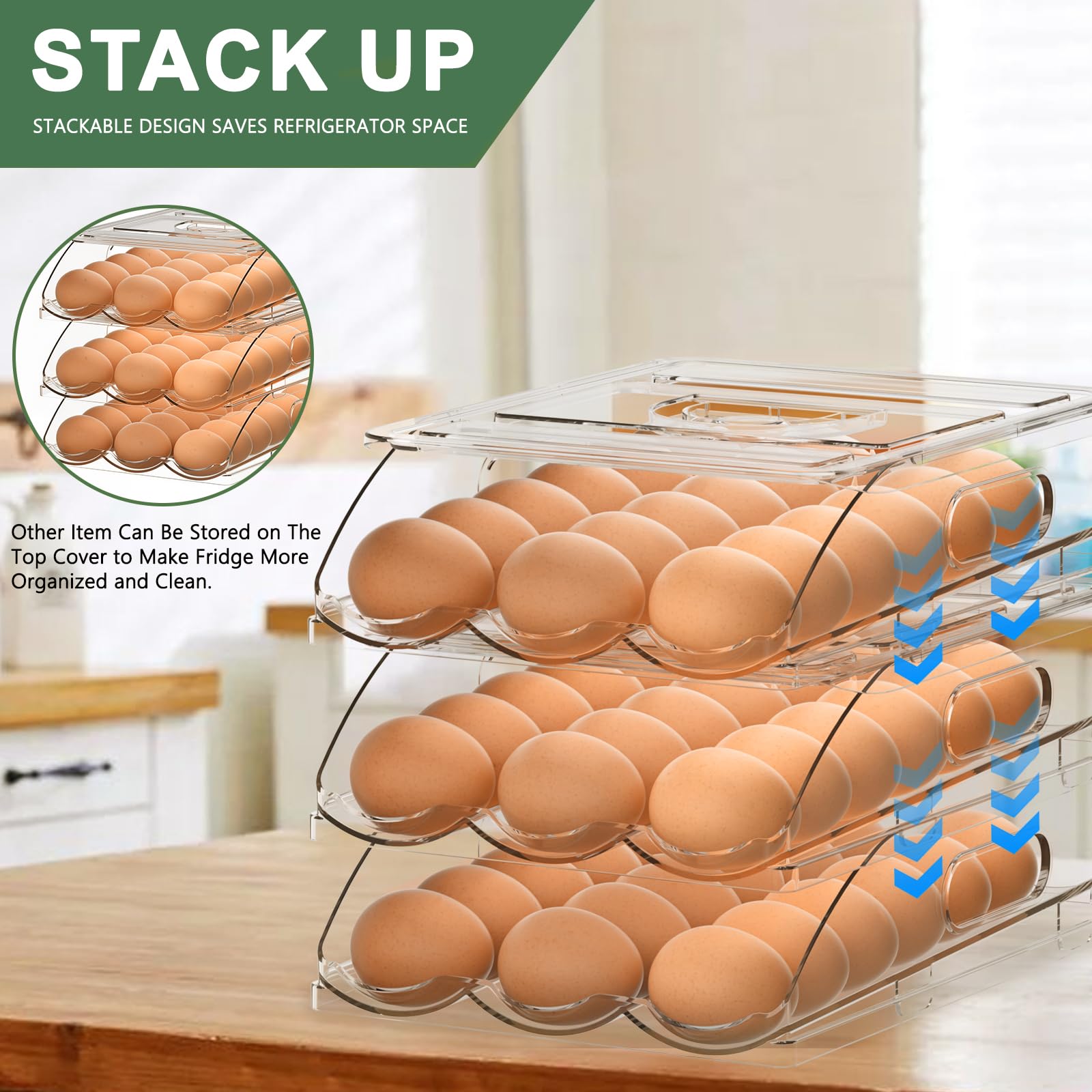 3-Tier Rolling Egg Holder for Refrigerator - 54 Large Capacity Egg Storage Container with Lid - Space Saving Kitchen Organizer for Eggs - Perfect for Fridge, Pantry, and Breakfast Meal Prep