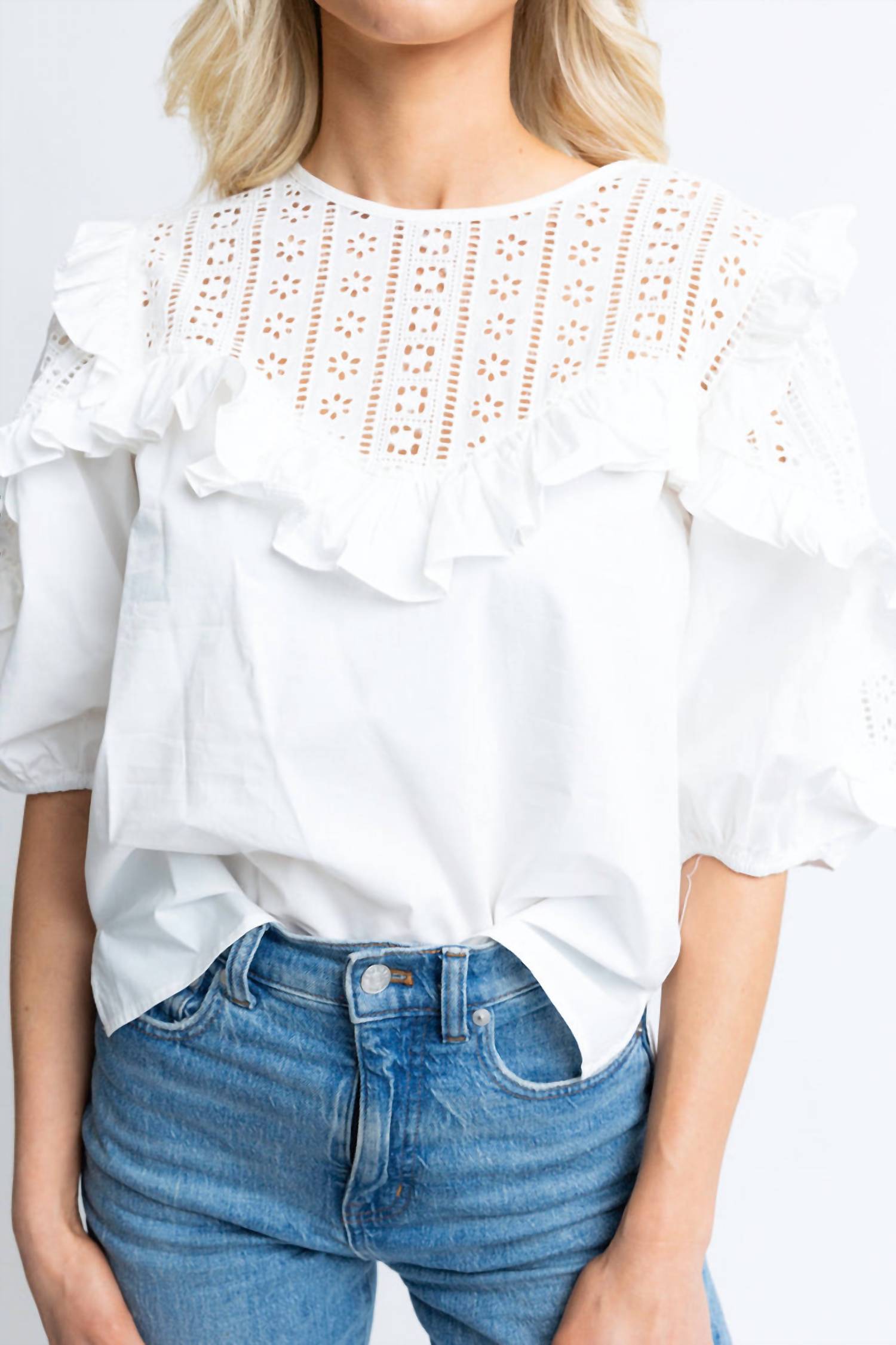 Graceful Gal Eyelet Poplin Top - Women's White Lace Summer Blouse for Casual Outings & Beach Vacations