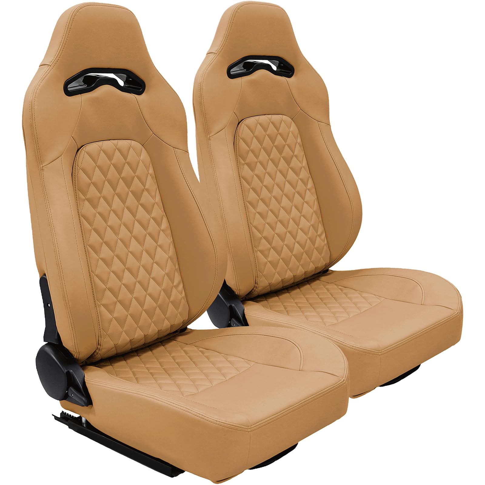 2 Pack Universal PVC Leather Racing Bucket Seats with Dual Lock Sliders for Front-Back Adjustment - Automotive Racing Seats Pair for Cars (Tan/Beige/Khaki) - Perfect for Racing Enthusiasts & Car Upgrades