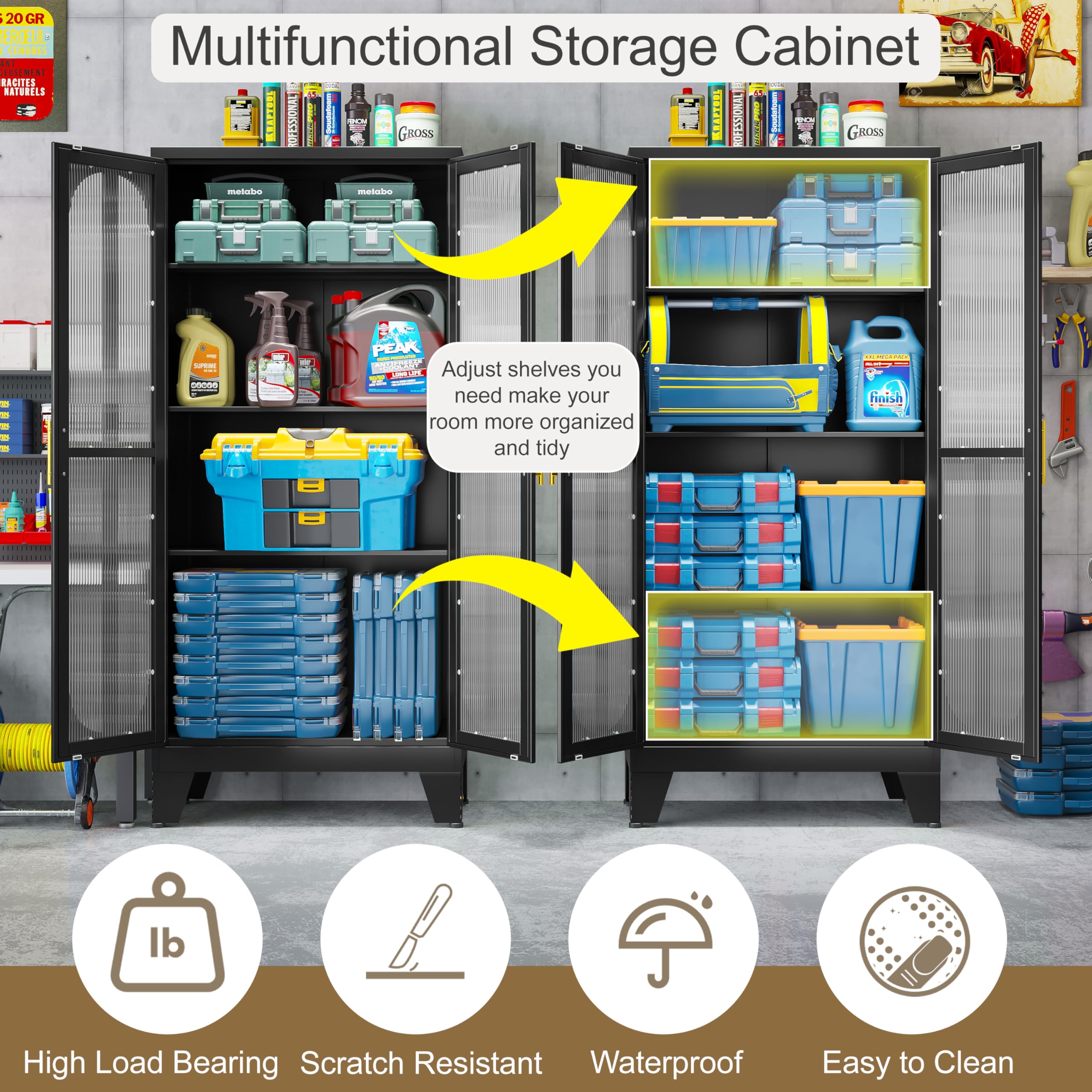 Metal Storage Cabinet with 2 Cross Door Panels & 3 Adjustable Shelves - Kitchen Pantry Organizer for Living Room, Office, Laundry, Dining Room or Outdoor Use - Black (Perfect for Home Organization & Space Saving)