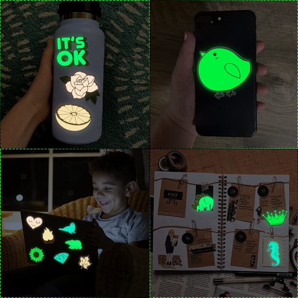 Glow in The Dark Stickers for Kids - 20 Pcs Waterproof Luminous Stickers for Kindle, Water Bottles, Scrapbooks, Laptops & Books - Perfect for Nighttime Reading, School Supplies & DIY Crafts