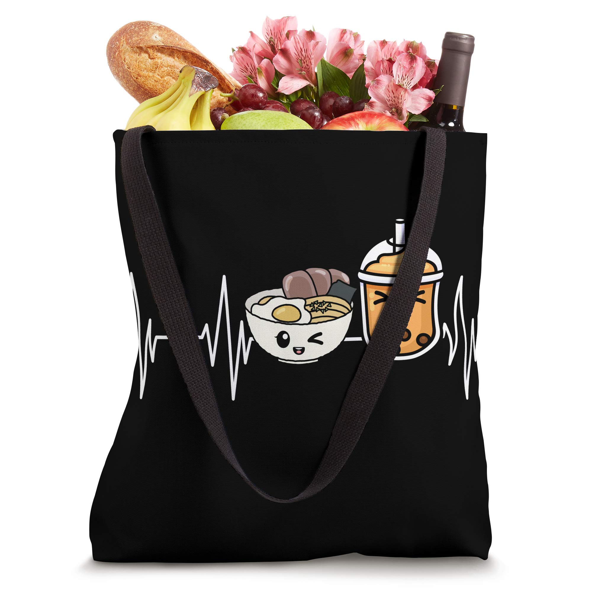 Japanese Noodles & Boba Bubble Tea Asian Food Themed Heartbeat Ramen Tote Bag - Perfect for Grocery Shopping, Anime Conventions & Asian Food Lovers