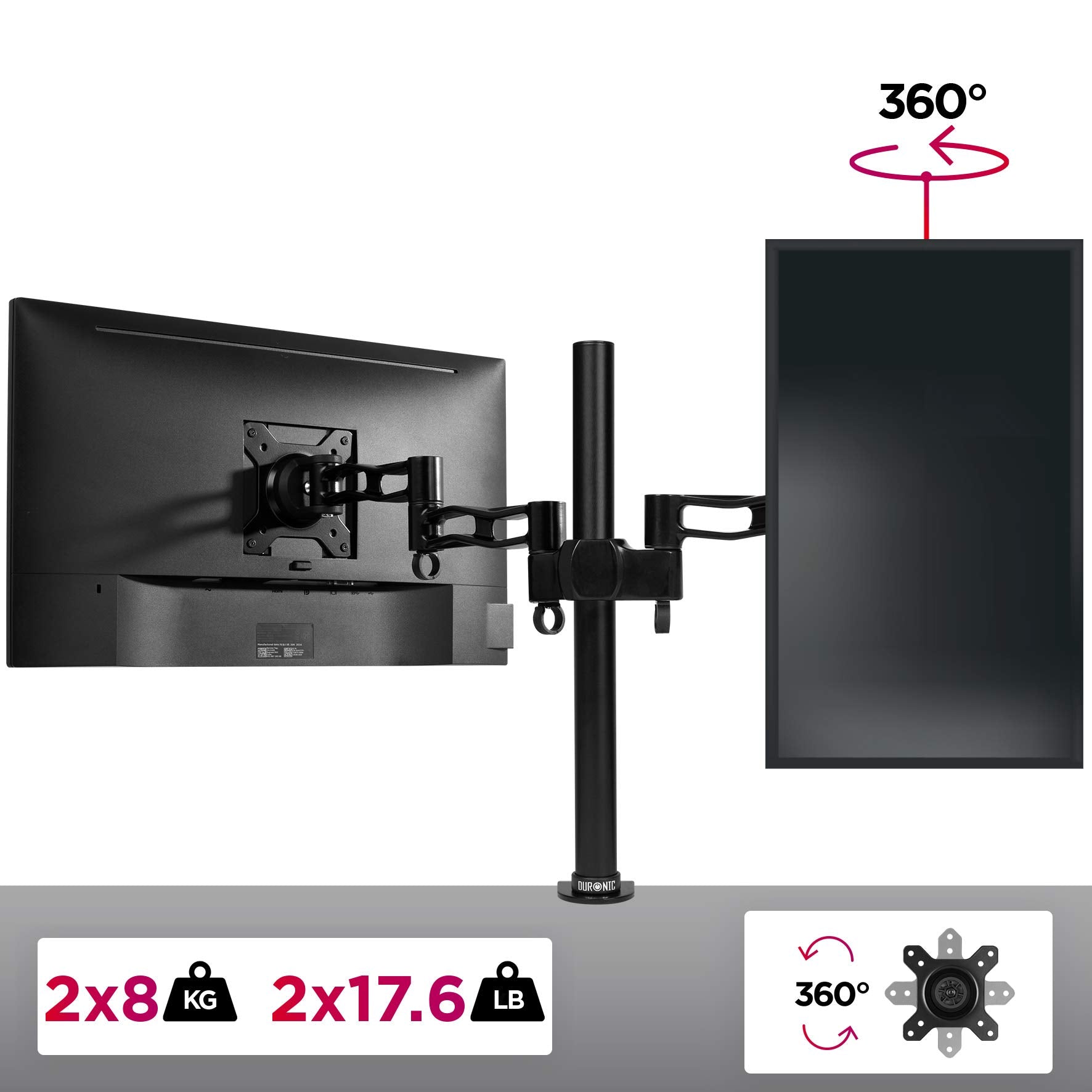 Duronic DM352 Dual Monitor Stand - Adjustable Freestanding Desk Mount for 13-27 Inch LCD/LED Screens (VESA 75/100, 8kg Capacity, ±15° Tilt) - Black | Perfect for Home Office, Gaming Setup & Workspace Organization