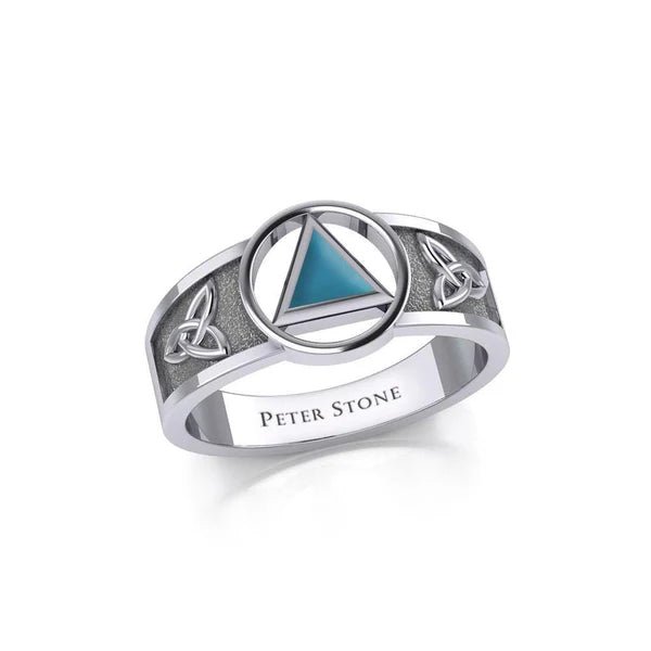 Celtic Trinity Knot Sterling Silver Ring with Inlaid Recovery Symbol - Elegant Irish Jewelry for Women, Men - Perfect for Weddings, Anniversaries & Spiritual Healing