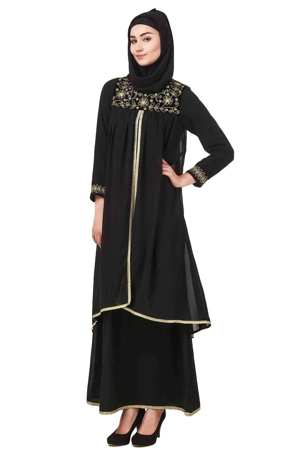 Elegant Black Dual Layer Nida & Georgette Embroidered Abaya Dress AY 707 - Perfect for Islamic Prayer, Special Occasions & Modest Fashion