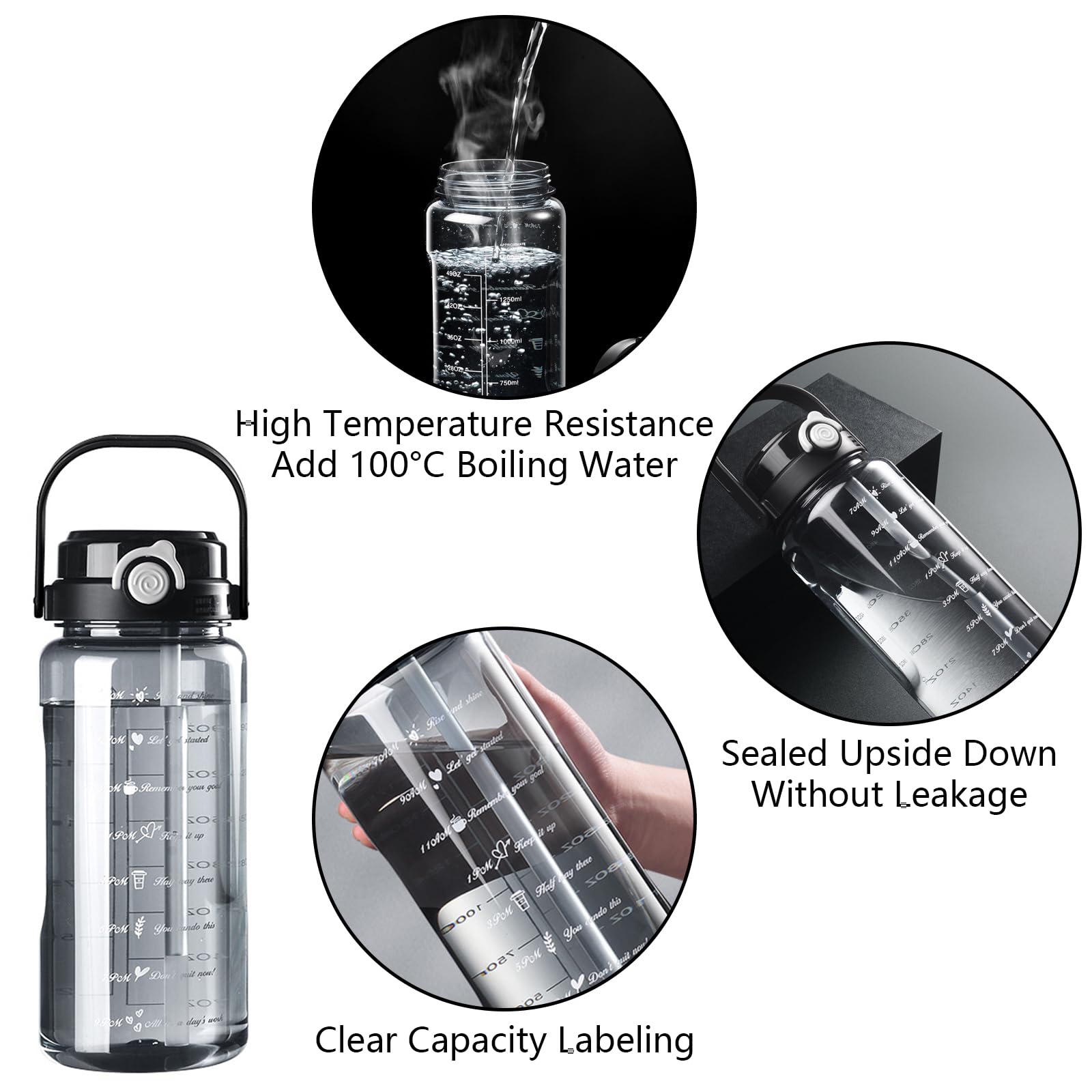 Nayuko 64oz Water Bottle with Straw & Time Marker - Leakproof for Gym, Sports & Outdoor