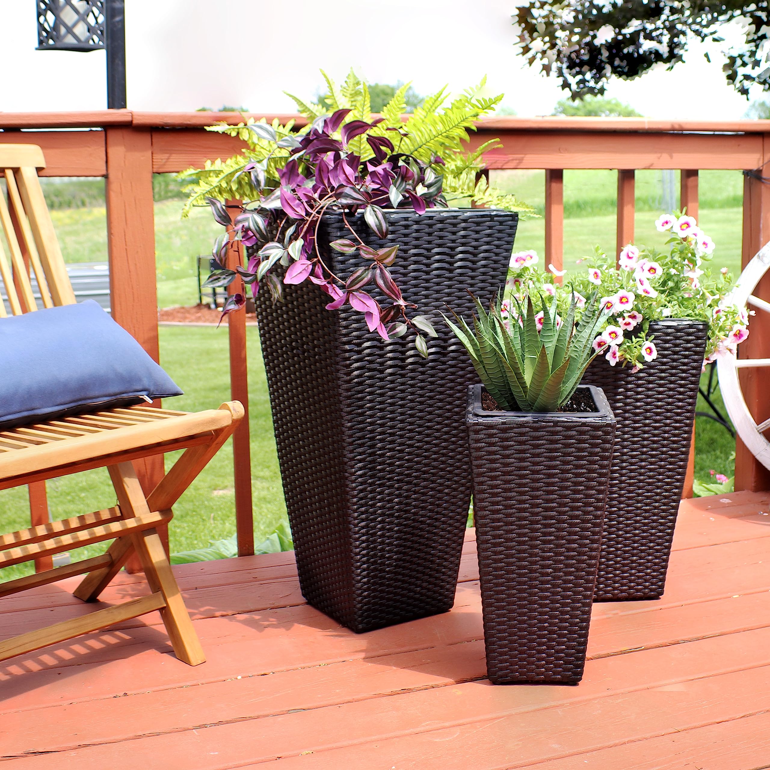 Black Polyrattan Planters with Handles - 3-Piece Set of 9