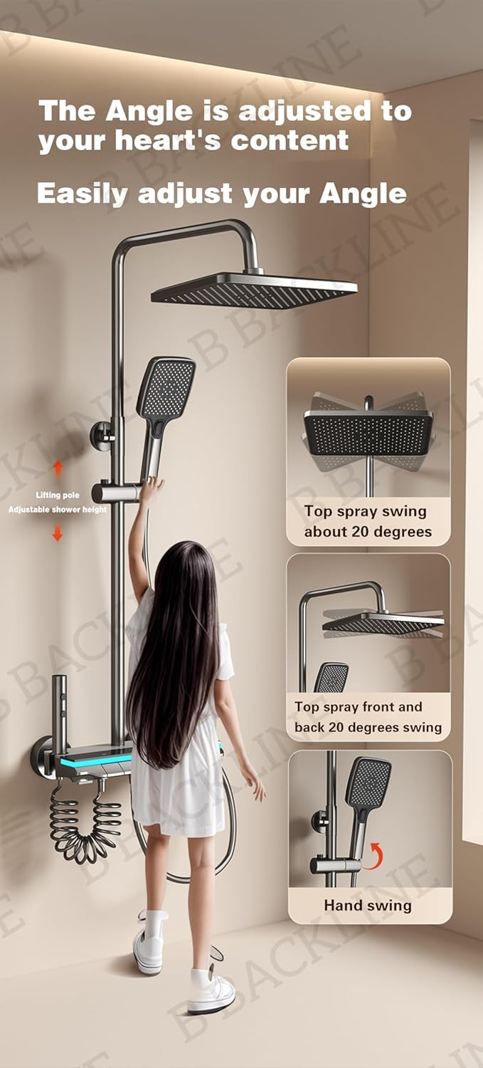 Luxury Thermostatic Shower Panel System - 4 Function Brass Shower Set with Temperature Display, Hand Shower, Overhead Rainfall & Jet Spray (Gunmetal Grey) | Perfect for Modern Bathroom Renovation & Spa-Like Shower Experience