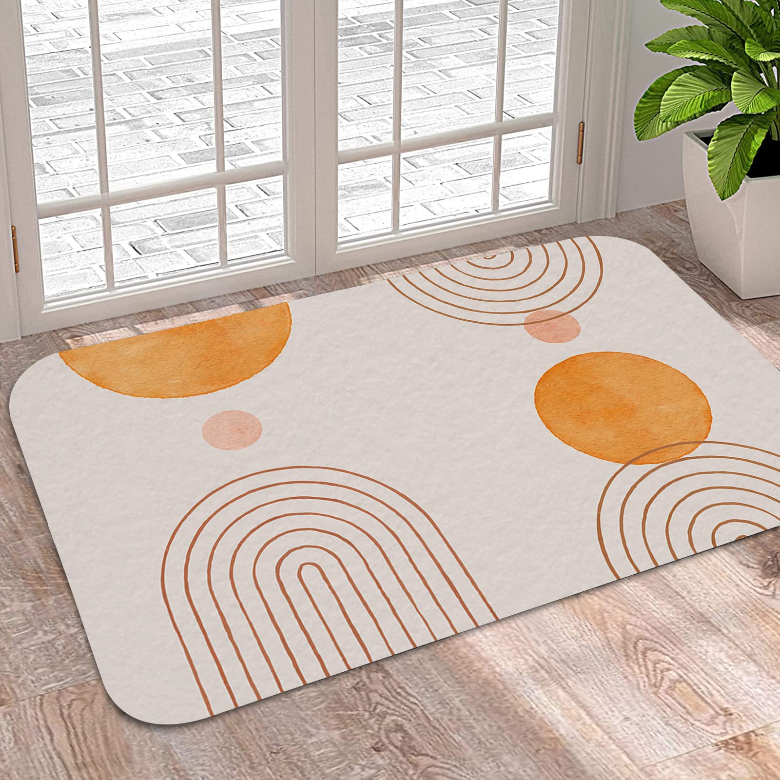 Boho Sun Mid Century Abstract Geometric Doormat - Non-Slip Absorbent Welcome Mat for Front Door, Entryway, Kitchen & Bathroom - Modern Minimalist Washable Rug 16x24 Inches - Perfect for Home Decor, Indoor/Outdoor Use & High Traffic Areas