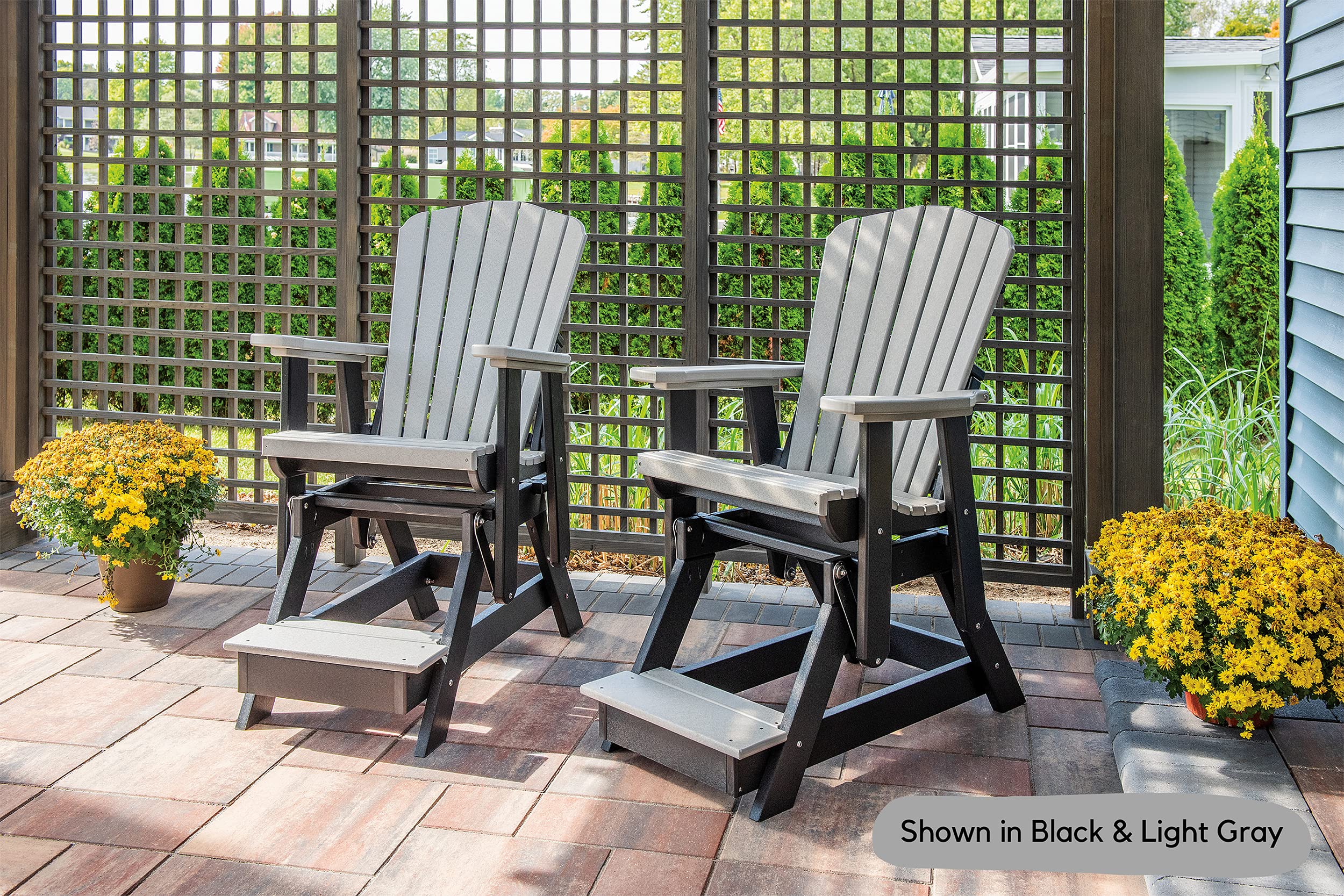 Outdoor Patio Adirondack Glider Chair with Slat Fan Back, Footrest & Weather-Resistant Poly Material - Perfect for Balcony, Garden & Backyard Relaxation (Black & Weatherwood)