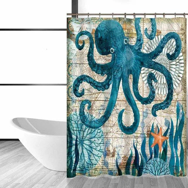 Nautical Sea Life Shower Curtain - Ocean Themed Bathroom Decor with Marine Animals Print, Waterproof Polyester Fabric for Bath & Shower - Perfect for Beach House, Kids Room or Coastal Style Bathroom