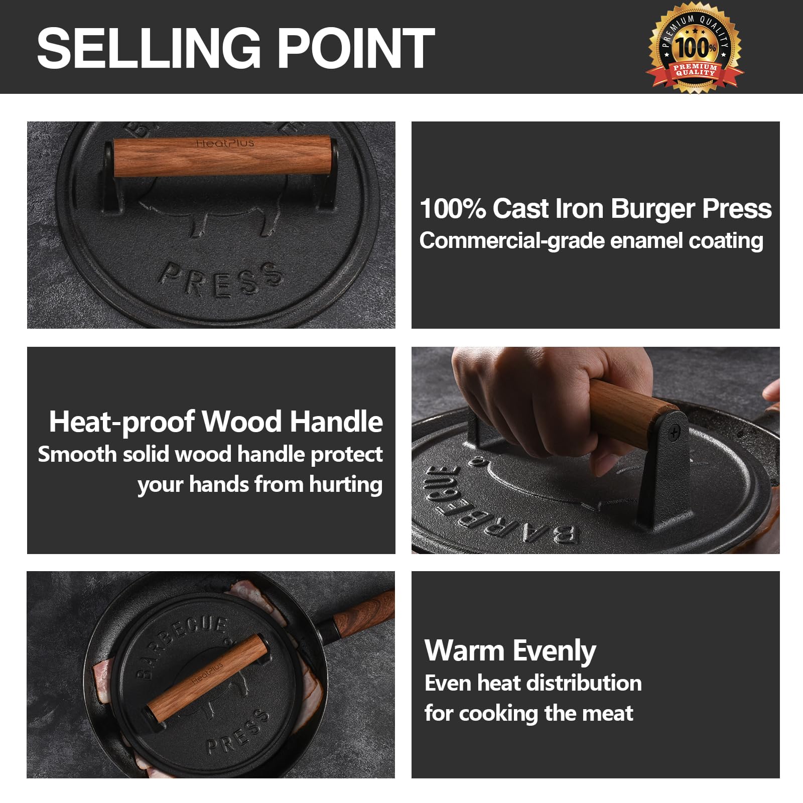 Heavy-Duty 8.5 Inch Cast Iron Burger Press & 8.2 Inch Rectangle Grill Press Set - 3lbs Smash Bacon Press & 2lbs Sandwich Press for Hamburgers, Panini, Steak - Food-Grade with Wood Handle - Perfect for BBQ, Grilling & Home Cooking