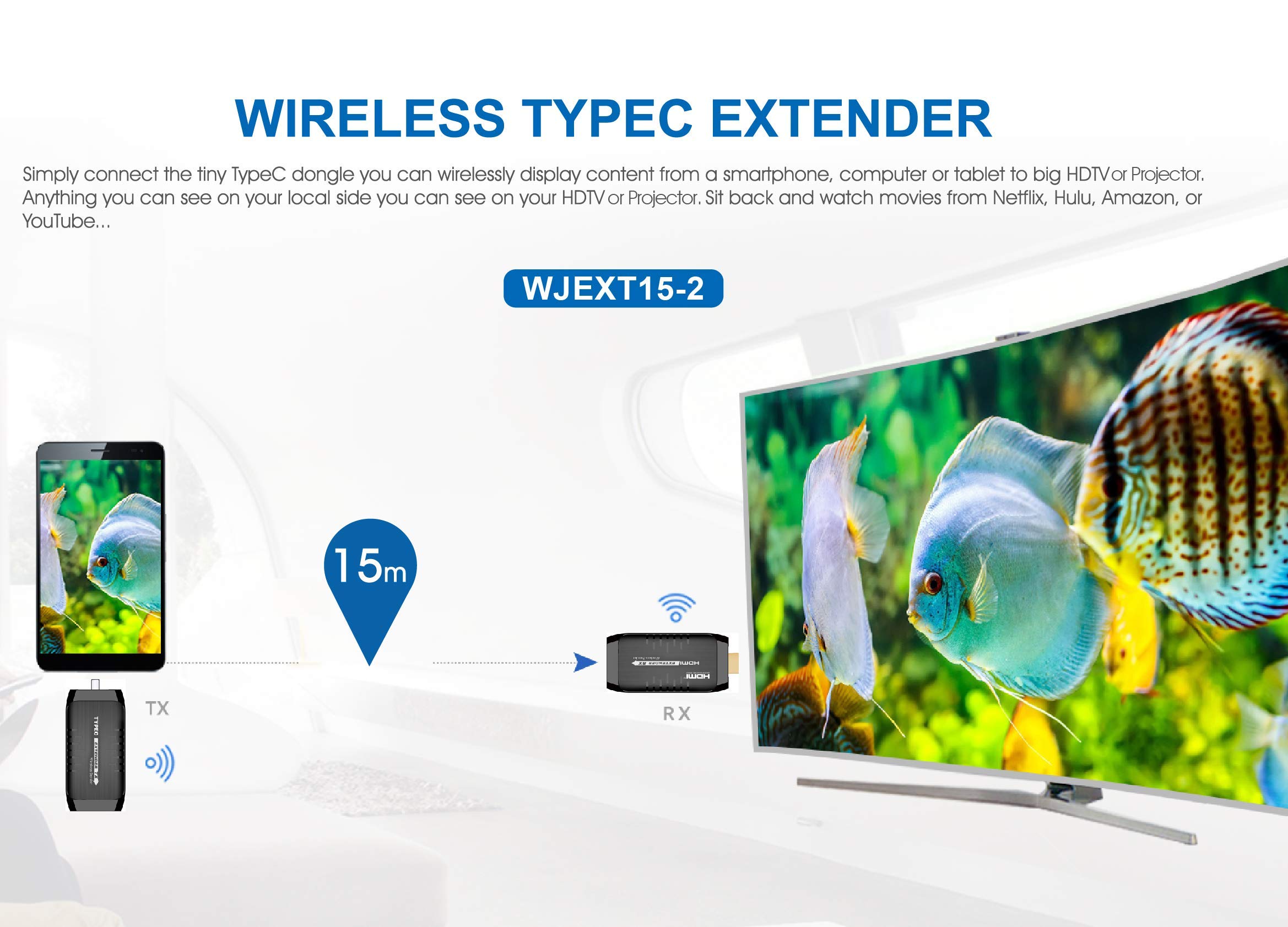 Wireless USB C to HDMI Extender Kit - 1080p HD Video & Audio Transmitter & Receiver for Laptop/PC/DVD - USB Type-C Powered - 50ft Range - Perfect for Home Theater, Conference Rooms & Classroom Presentations