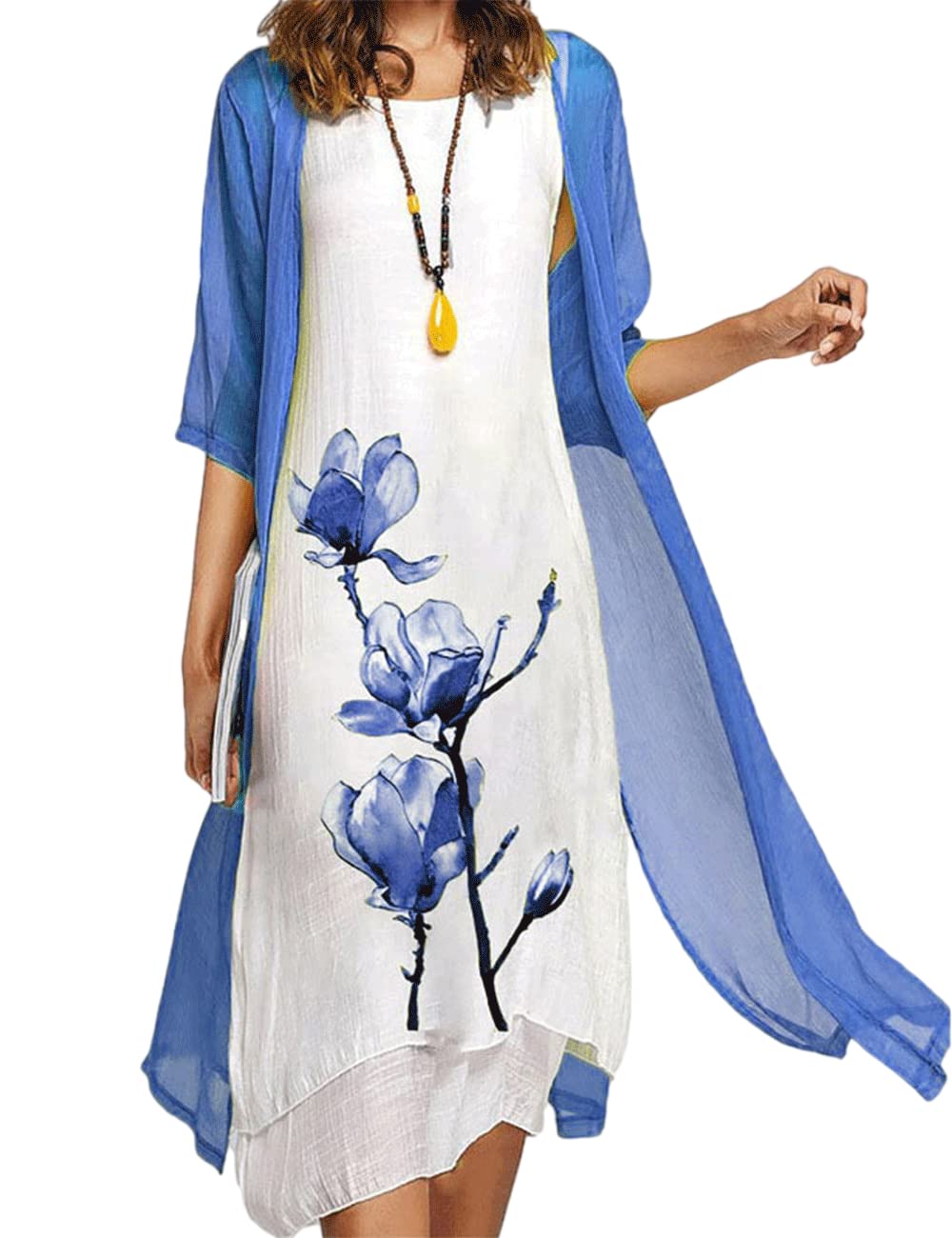 Women's Floral Print Casual Maxi Dress with Chiffon Cardigan - 2 Piece Set, Sleeveless Flowy Dress with Irregular Hem for Wedding Guest, Beach Vacation & Summer Outfits