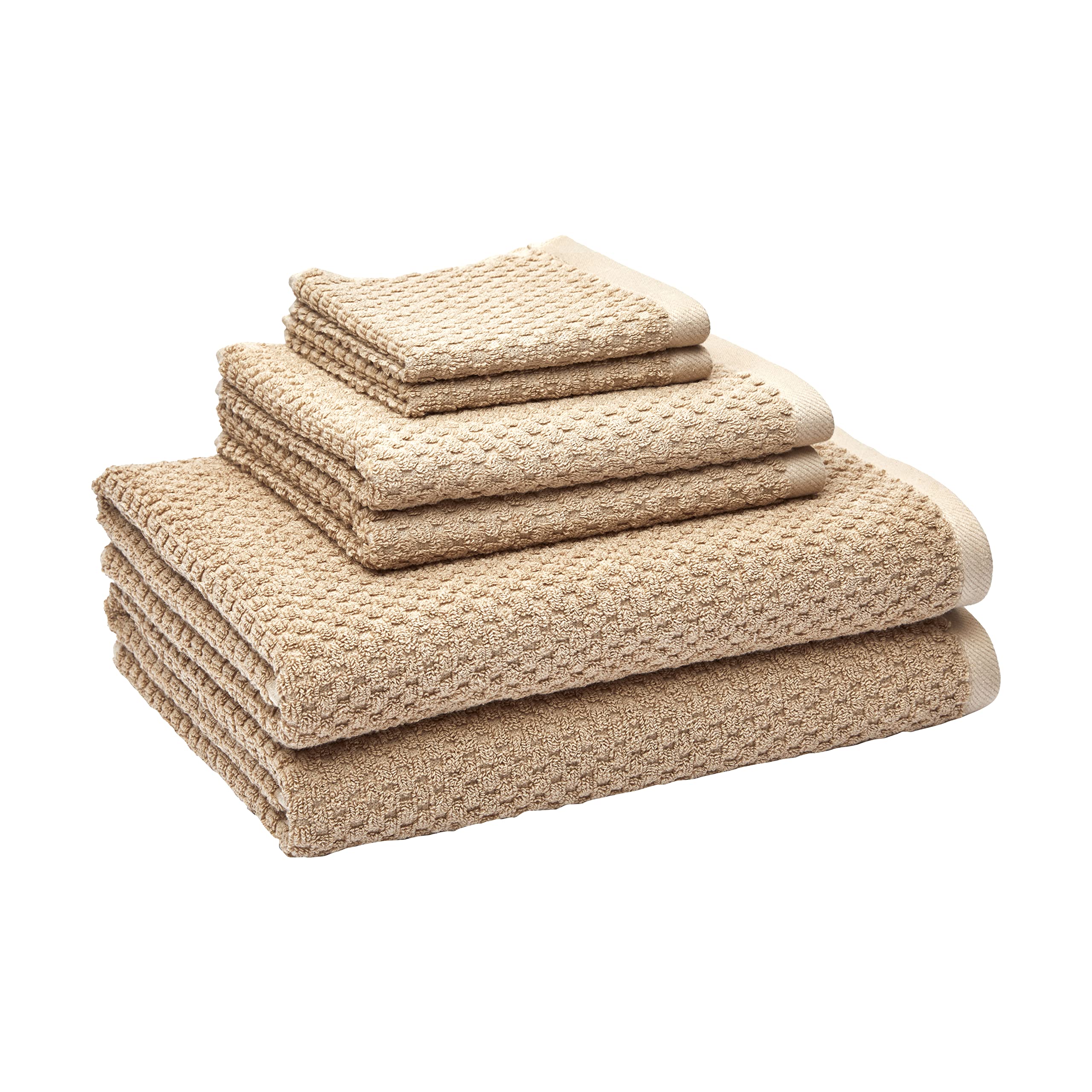 Amazon Basics Odor Resistant Textured Bath Towel Set - 6-Piece 100% Cotton Soft Absorbent Quick-Dry Towels, Beige - Perfect for Bathroom, Spa, Gym & Beach Use