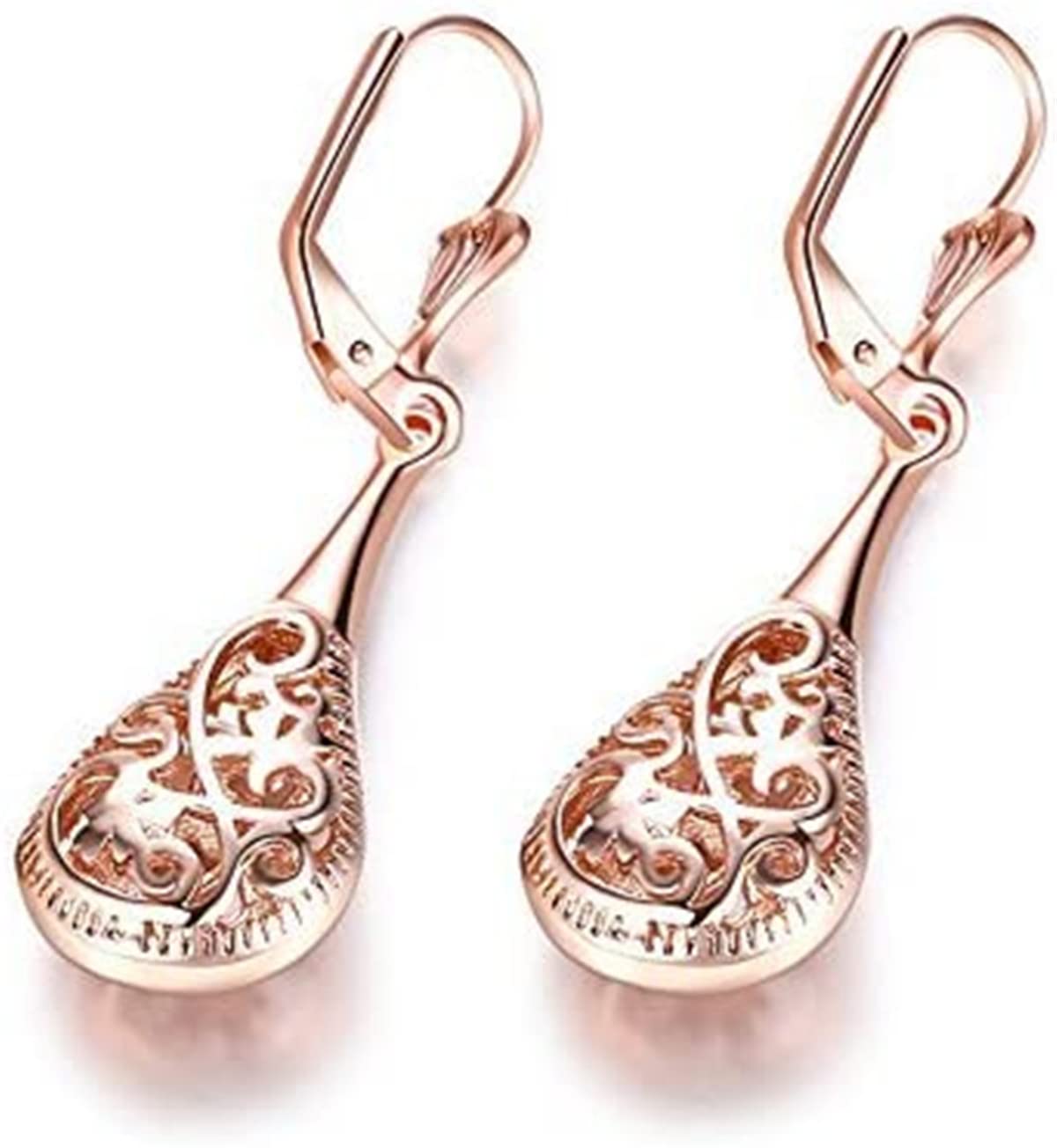 18K Rose Gold Plated Filigree Teardrop Leverback Earrings for Women - Elegant Dangle Earrings for Parties, Weddings & Special Occasions