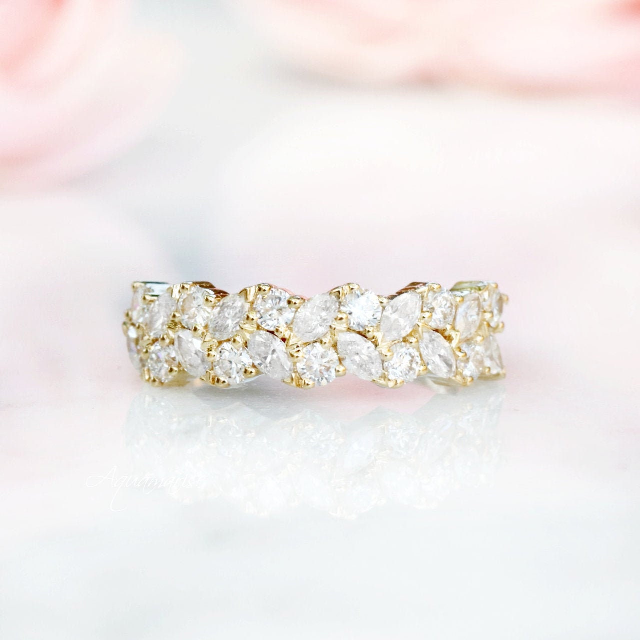 14K Solid Yellow Gold Marquise Natural Diamond or Moissanite Wedding Band - Perfect for Engagement Rings, Anniversary Gifts & Bridal Jewelry