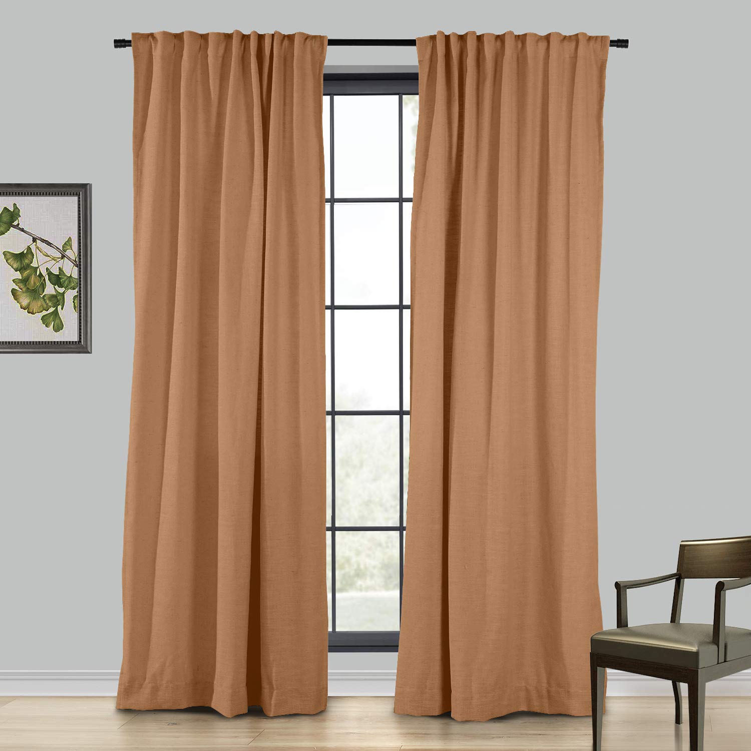 Extra Wide Linen Curtains 100Wx84L Inch - Room Darkening Drapery Panel with 4-in-1 Header (Rod Pocket, Back Tab, Hooks & Belt) - Orange Copper - Perfect for Living Room, Bedroom & Home Theater Blackout Needs (1 Panel)