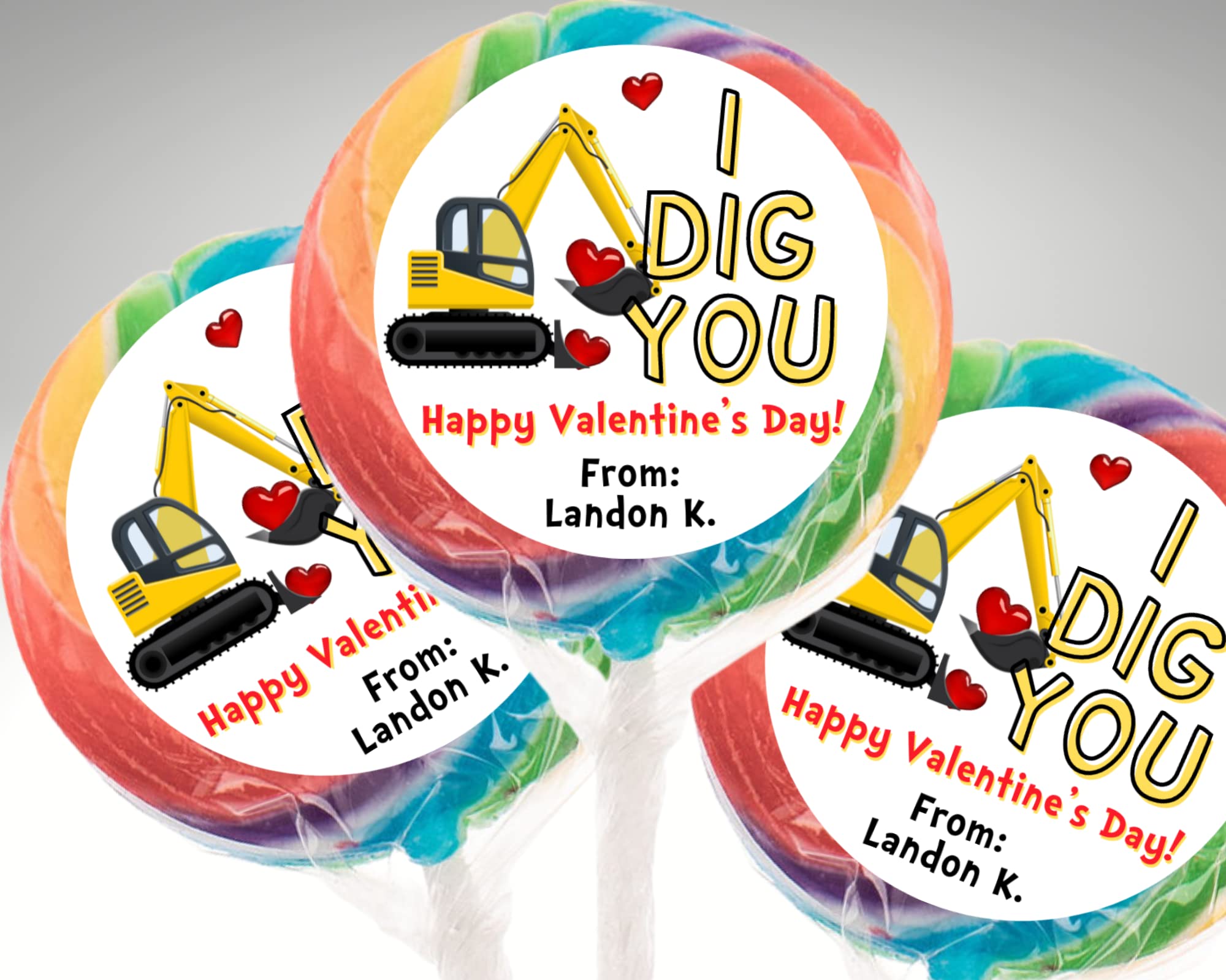Custom Construction Digger Valentine's Day Stickers for Kids - 20-Pack 2 Inch Classroom Valentines Favors - Personalized Boy's Valentine Labels for School Parties & Gifts