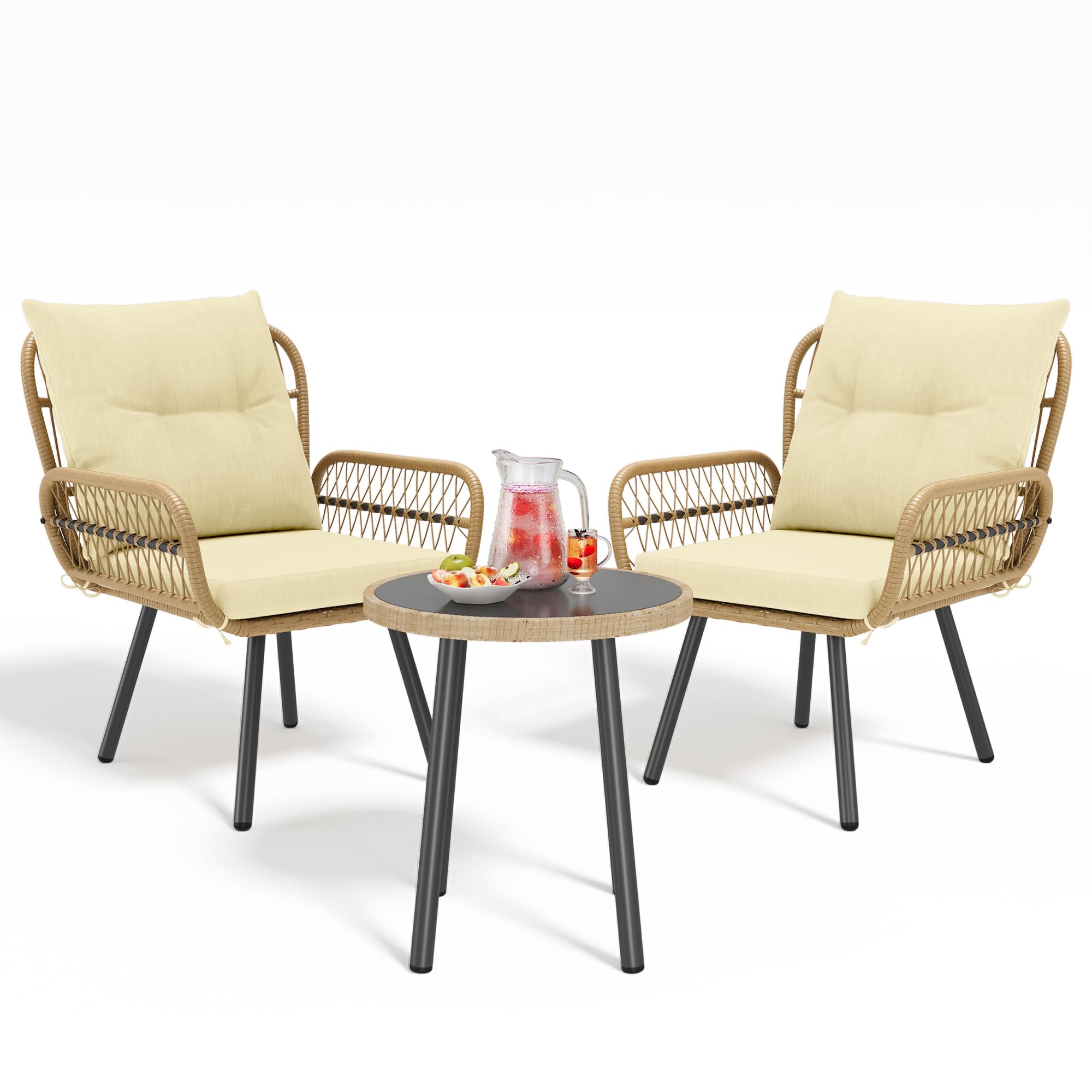 Ahomly 3-Piece Outdoor Patio Bistro Set - All-Weather Wicker Rattan Table & 2 Chairs with Coffee Table - Perfect for Backyard, Balcony, Poolside, Deck, Porch, Garden (Beige) - Ideal for Relaxing, Entertaining & Outdoor Dining
