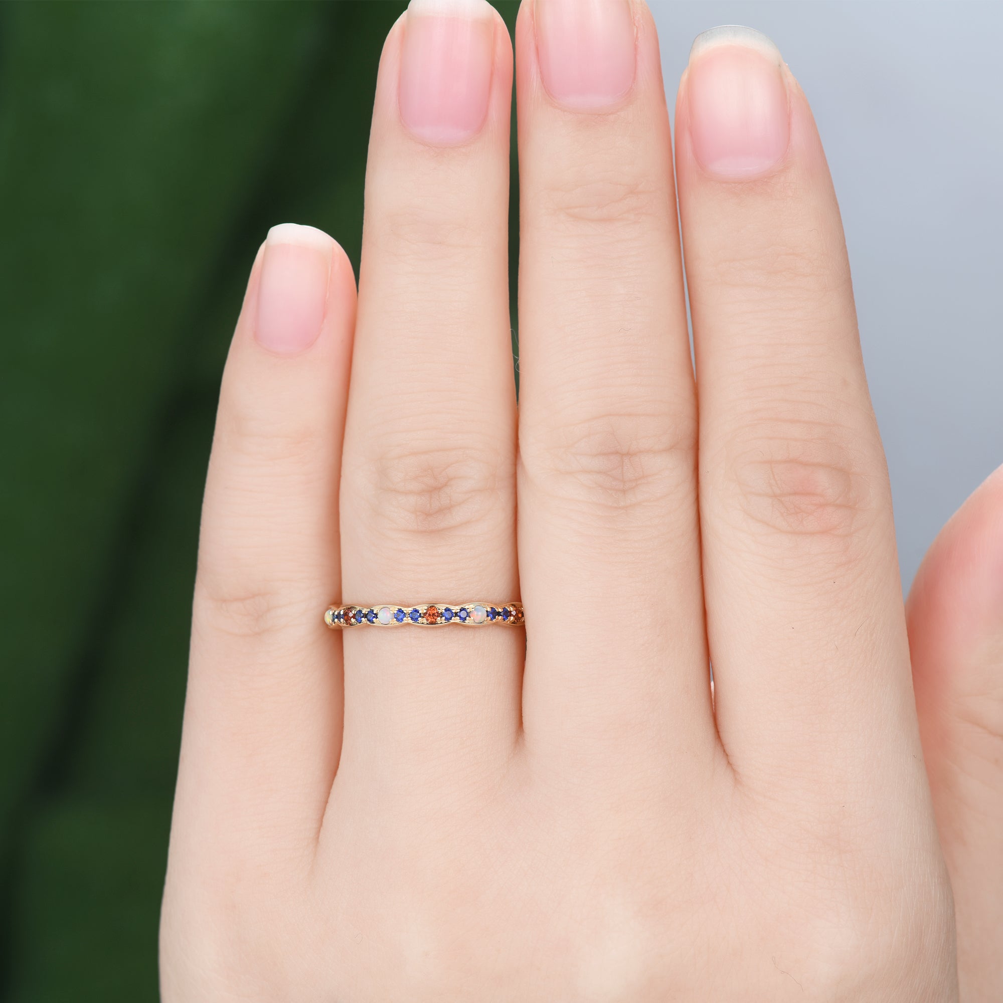 Opal Garnet Sapphire Yellow Gold Wedding Band - Multiple Gemstone Full Eternity Ring for Women - Perfect for Anniversary, Engagement & Bridal Jewelry Gifts
