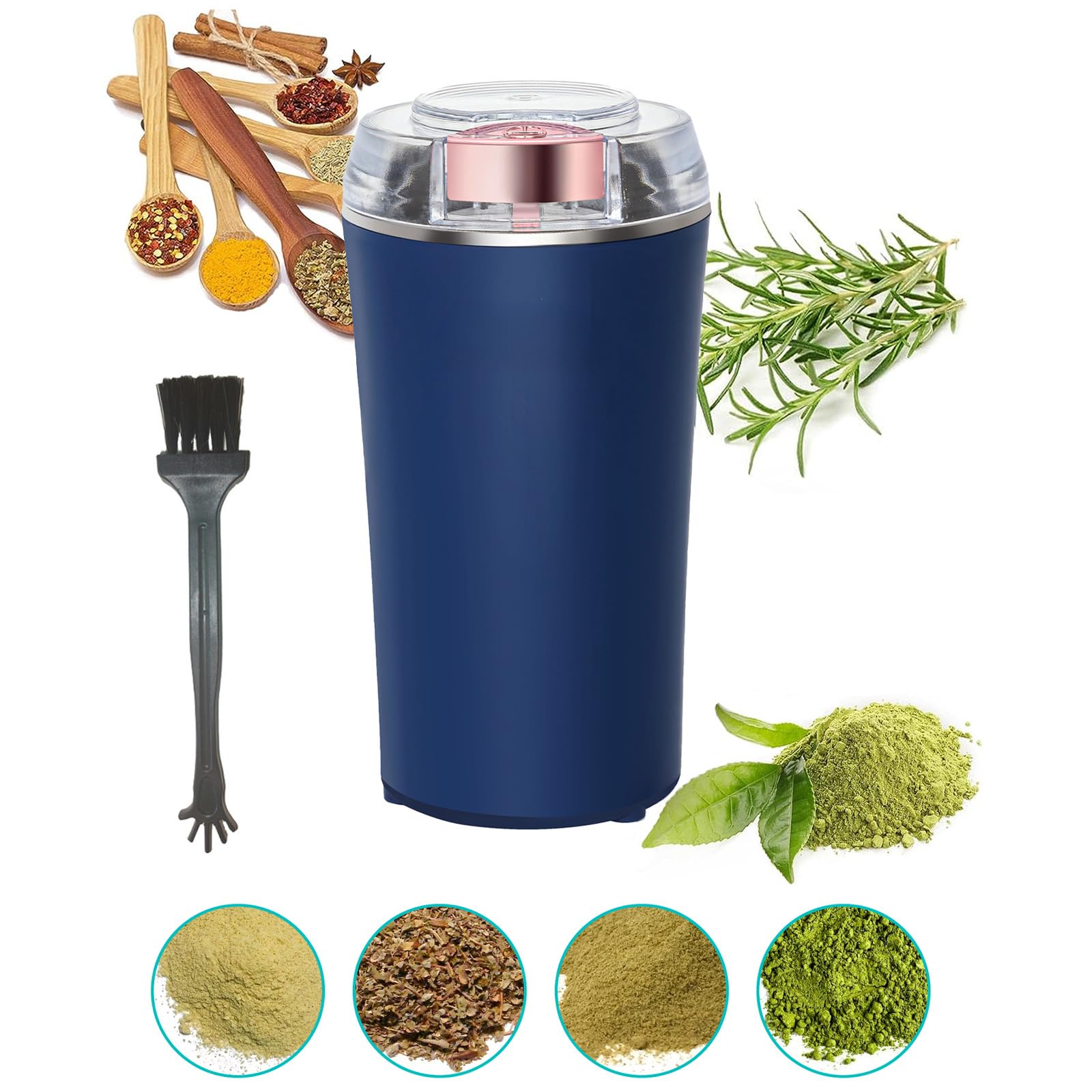 200W Electric Herb Grinder - Powerful & Fast Spice Grinder for Dry Herbs, Coffee Beans, Nuts & Grains - One-Touch Operation with Cleaning Brush - Perfect for Kitchen, Baking & Coffee Brewing