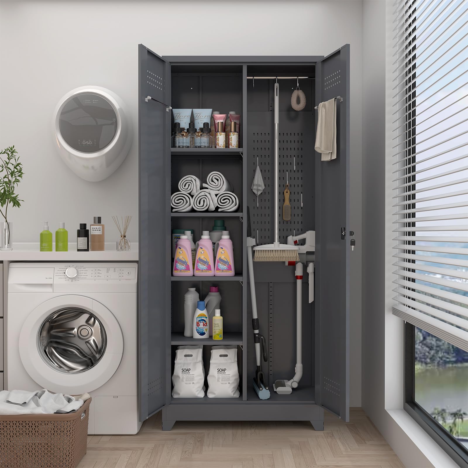 GREATMEET Heavy Duty Metal Storage Cabinet with Adjustable Shelves - Broom Closet Organizer for Cleaning Supplies, Bathroom & Garage Storage - Perfect for Home, Office, and Workshop Organization