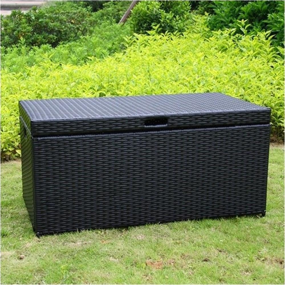 BOWERY HILL Black Wicker Rattan Patio Storage Deck Box with Durable Steel Frame - Outdoor Furniture for Garden, Poolside, and Backyard Organization