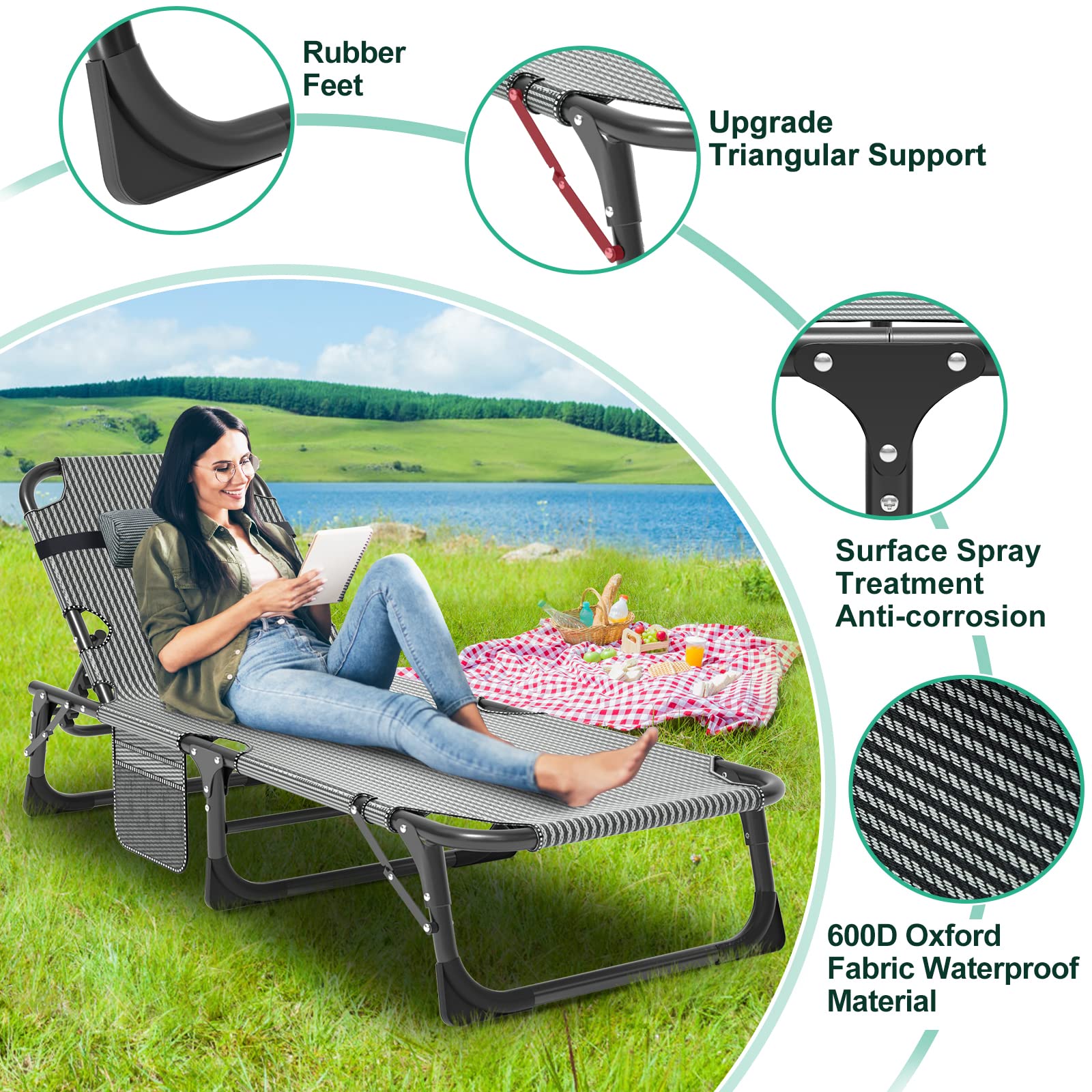 LILYPELLE 5-Position Adjustable Folding Lounge Chair with Mattress - Portable Outdoor Chaise Lounge for Sunbathing, Camping, Beach, Pool & Patio - Perfect for Relaxing, Travel & Backyard Use