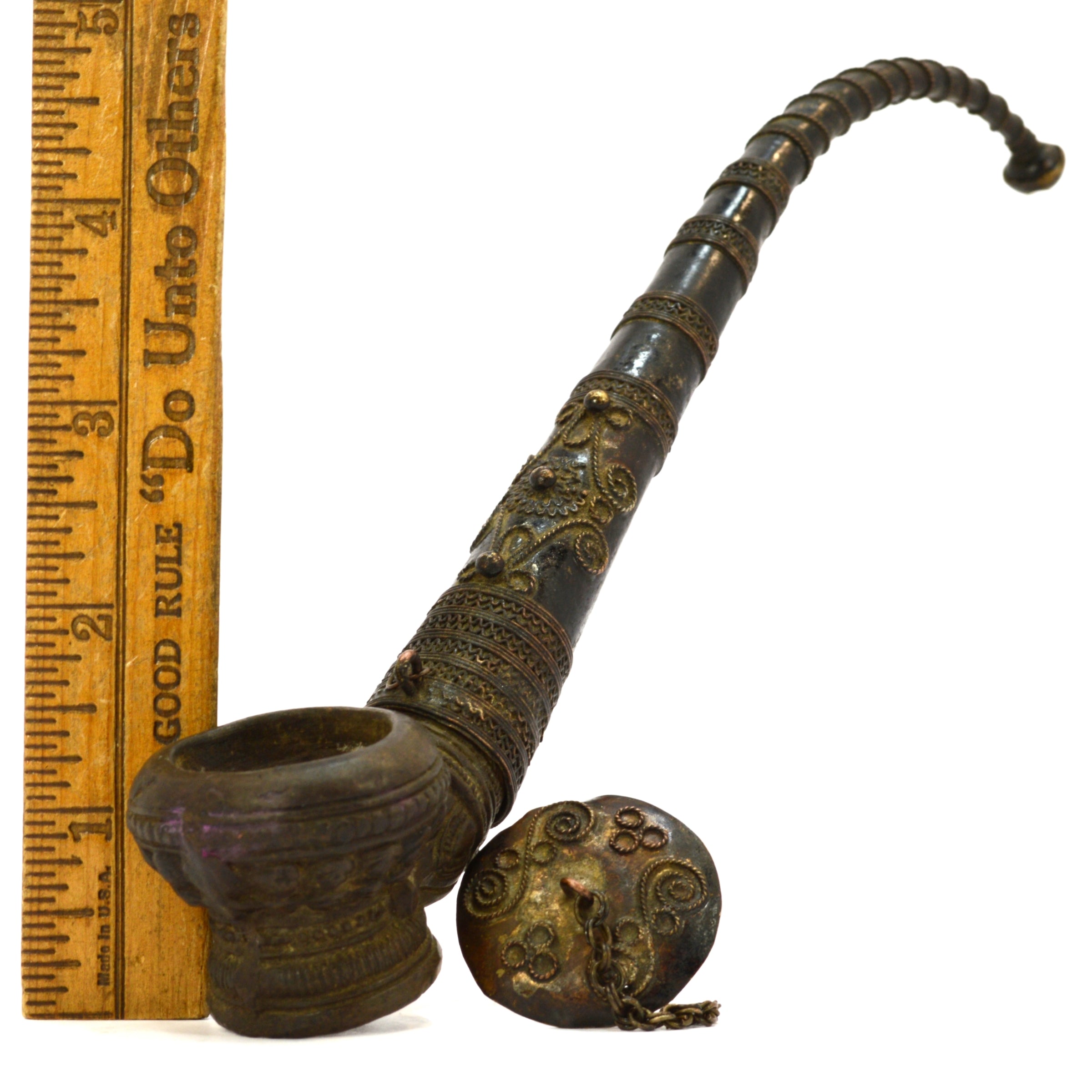 Antique Islamic Chibouk Smoking Pipe - Handcrafted Brass & Copper Tophane Bowl - Rare Ottoman Hookah Pipe for Collectors & Decoration - Perfect for Vintage Home Decor & Smoking Enthusiasts