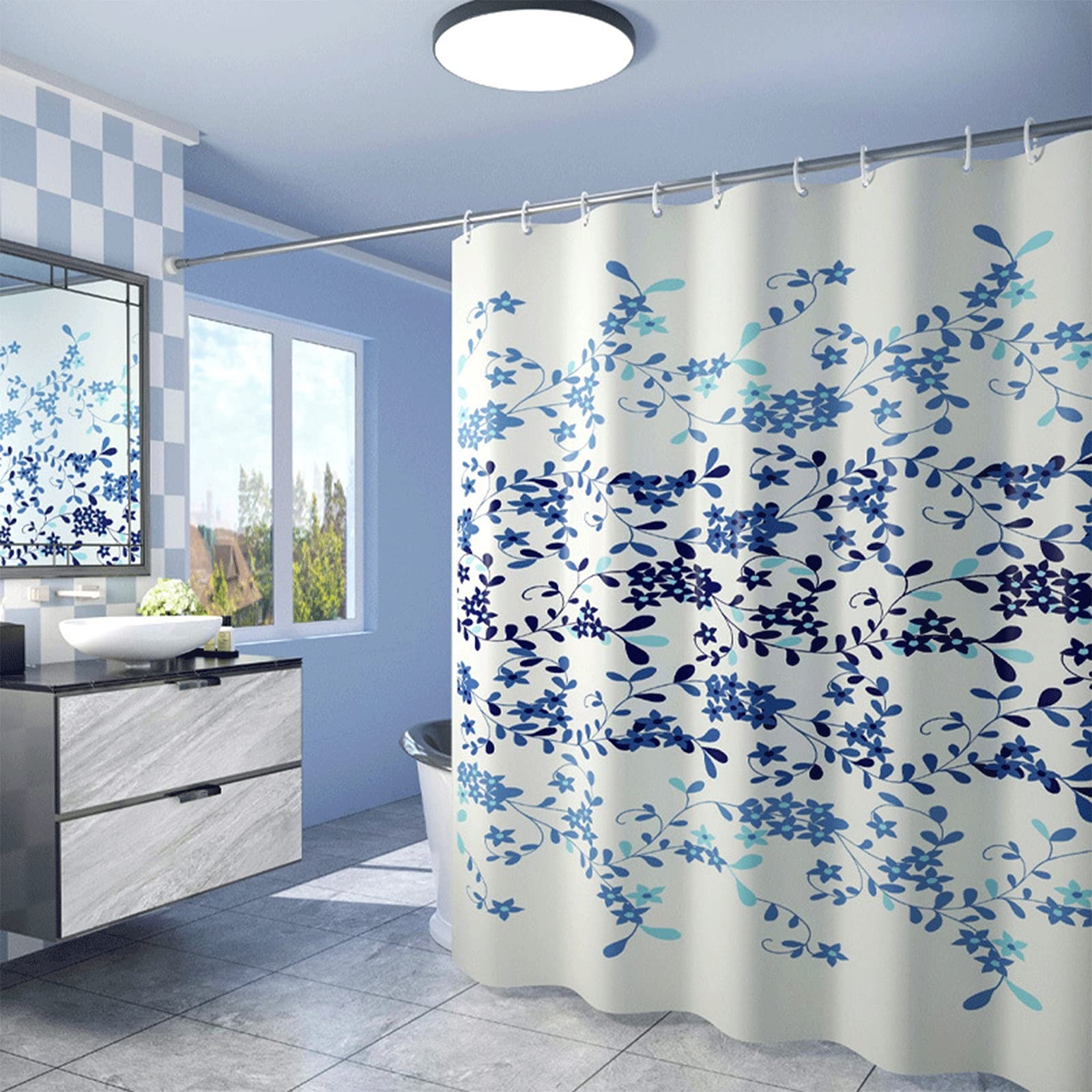 QBV Waterproof Polyester Shower Curtain - White Bathroom Curtain with Rustproof Hooks & Weighted Hem, 220x200cm for Bathtub, Shower Stall, Home & Hotel Use - Perfect for Modern Bathrooms & Spa-Like Retreats