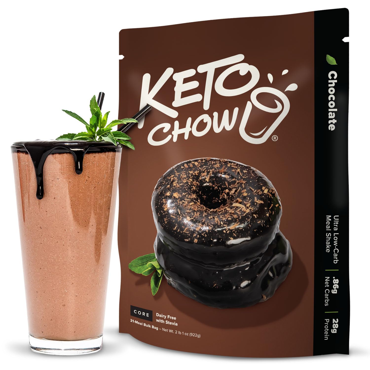 Keto Chow Chocolate Core (with Stevia) - Low Carb Keto Meal Replacement Shake Powder - Nutritionally Complete Protein Shake - Dairy Free & Delicious - 21 Meal Serving - Perfect for Weight Loss, Busy Lifestyles & On-the-Go Nutrition
