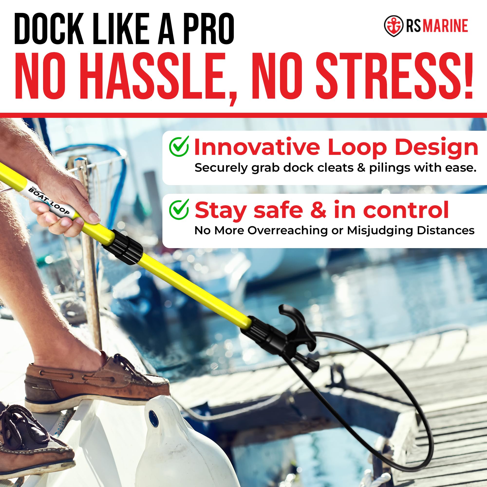 Extendable Fiberglass Boat Hook with Flexible Loop & Quick-Lock System - Adjustable 2-8ft Marine Pole with Rubber Guard - Docking, Mooring & Line Handling Tool for Boats, Kayaks & Watercraft