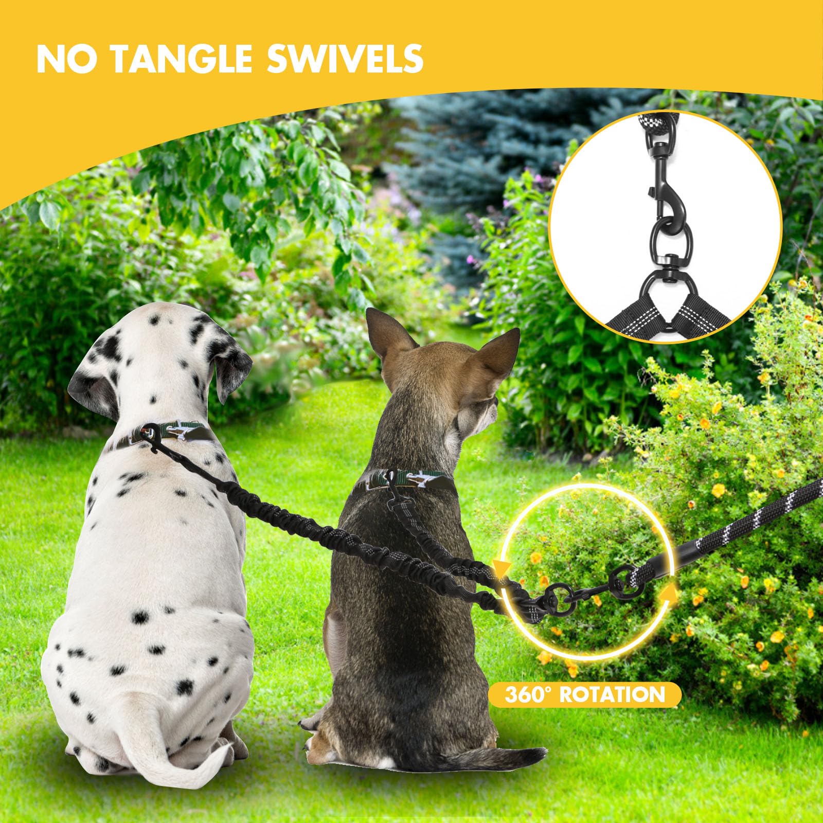 BAOBOTE Double Dog Leash - Shock Absorbing Bungee Reflective No Tangle Leash for Two Dogs with 360° Swivel (Black) | Perfect for Walking, Running & Outdoor Adventures with Your Pets
